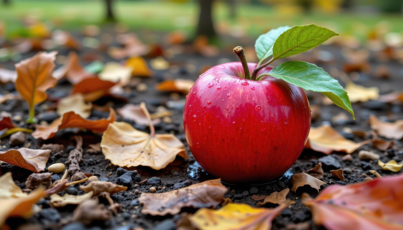 Red apple resting on ground with water droplets and autumn leaves, captured from low angle in natural orchard setting, photo. photo