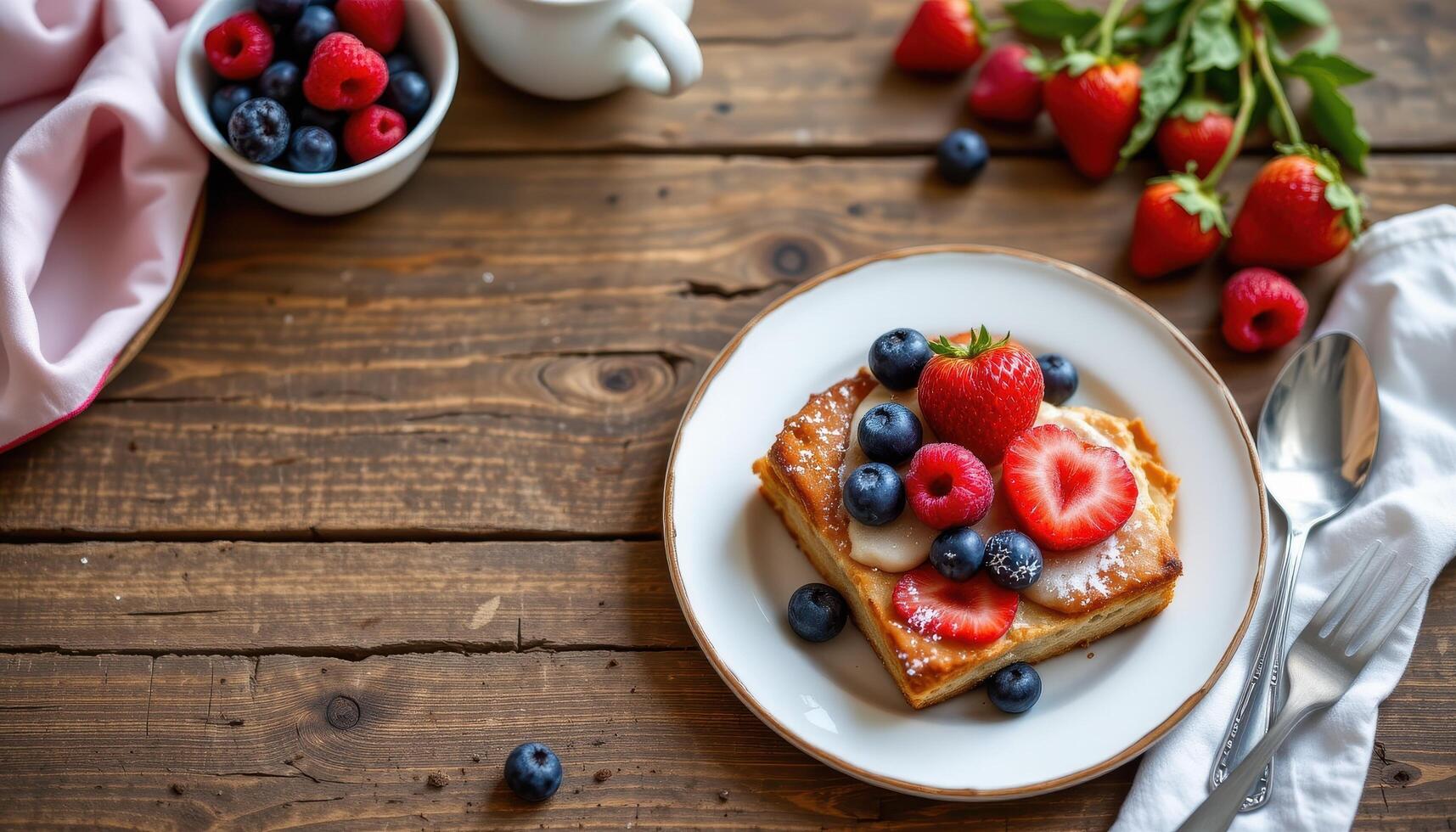 Wooden table with fresh berries and pastries, sweet rustic breakfast layout photo