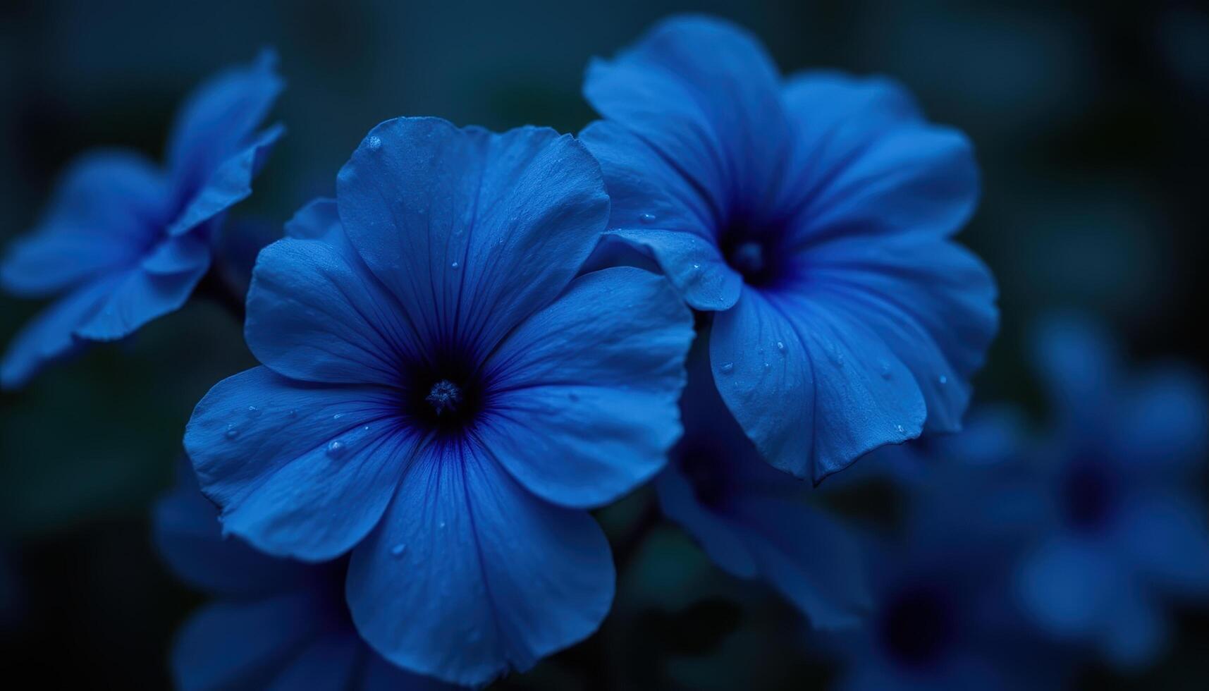 Close up blue flowers with water drops on dark moody background, macro lens detail, vivid botanical texture photo