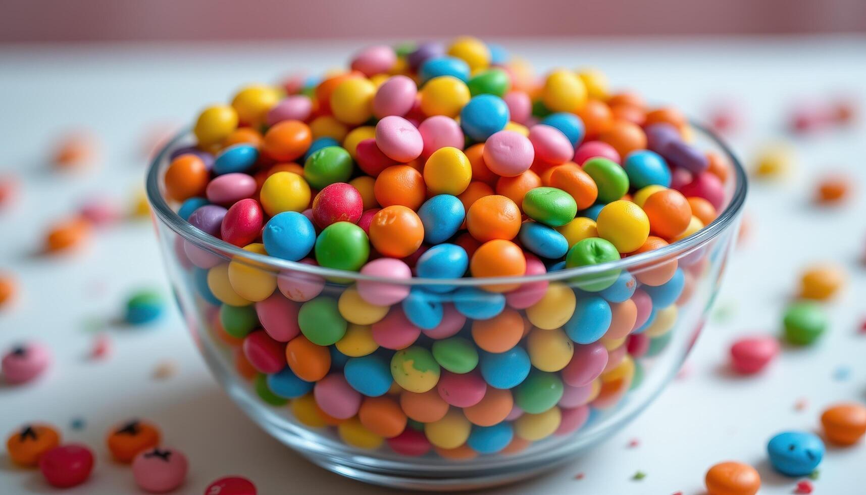 Colorful candy bowl for birthday celebration, sweet indulgence and party vibes photo