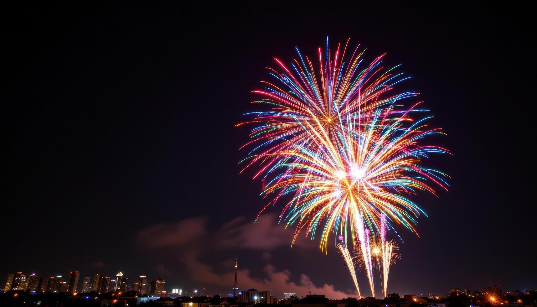 Fireworks exploding in night sky, colorful celebration captured in motion photo