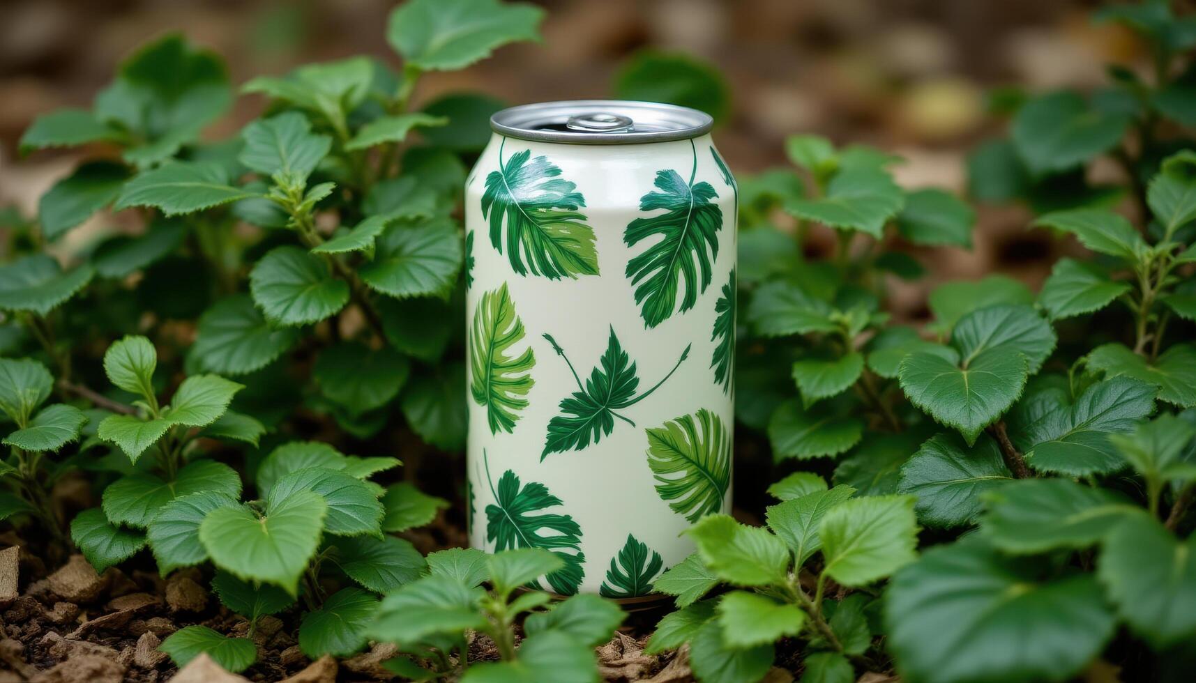 A vibrant can adorned with green leaf patterns is positioned among various fresh foliage photo