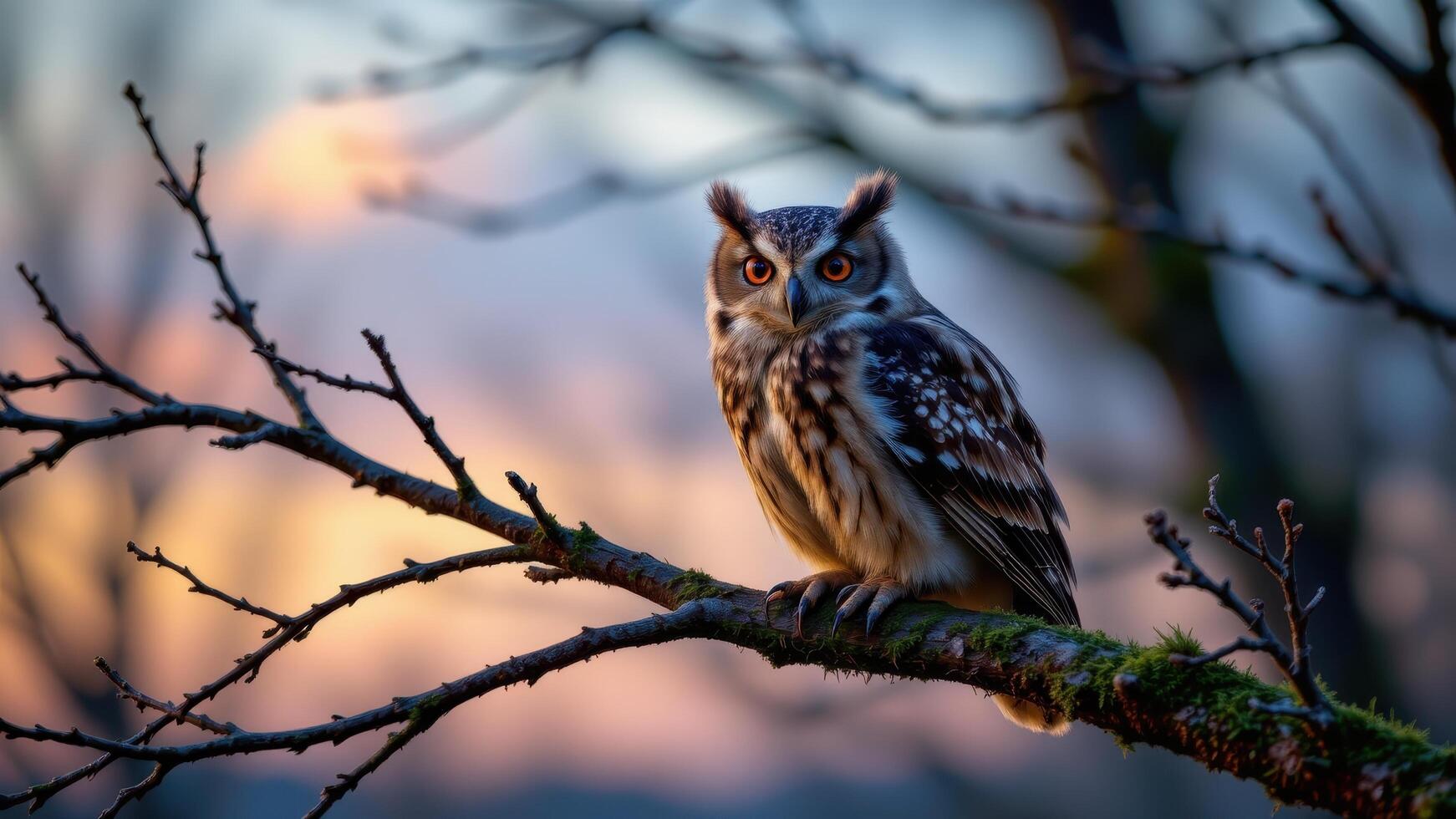 an owl perched on a mossy branch during twilight, intense gaze. photo