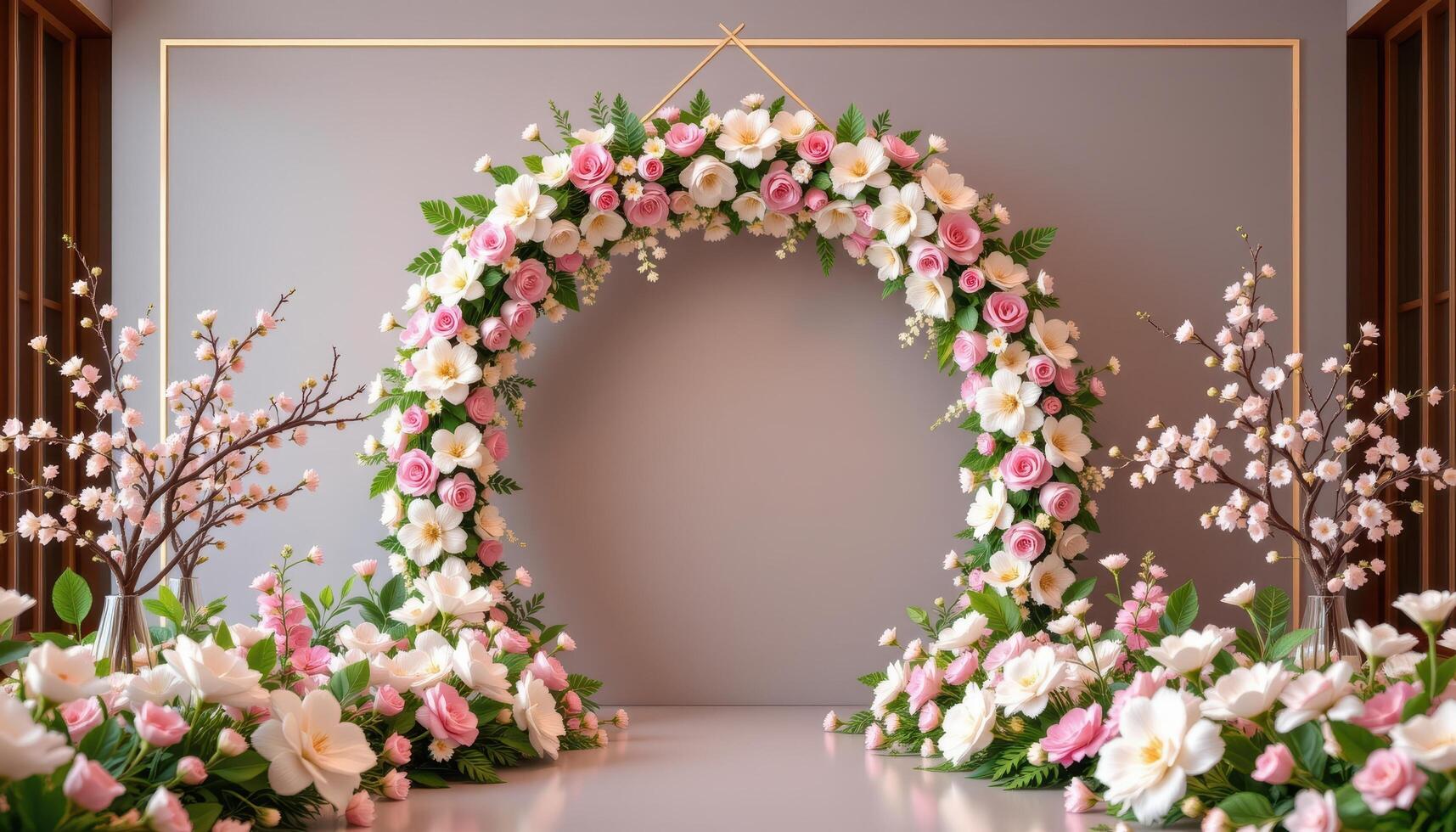 elegant spring floral installation featuring geometric arch, pastel blossoms, 3d rendered scene for modern event styling, photo. photo