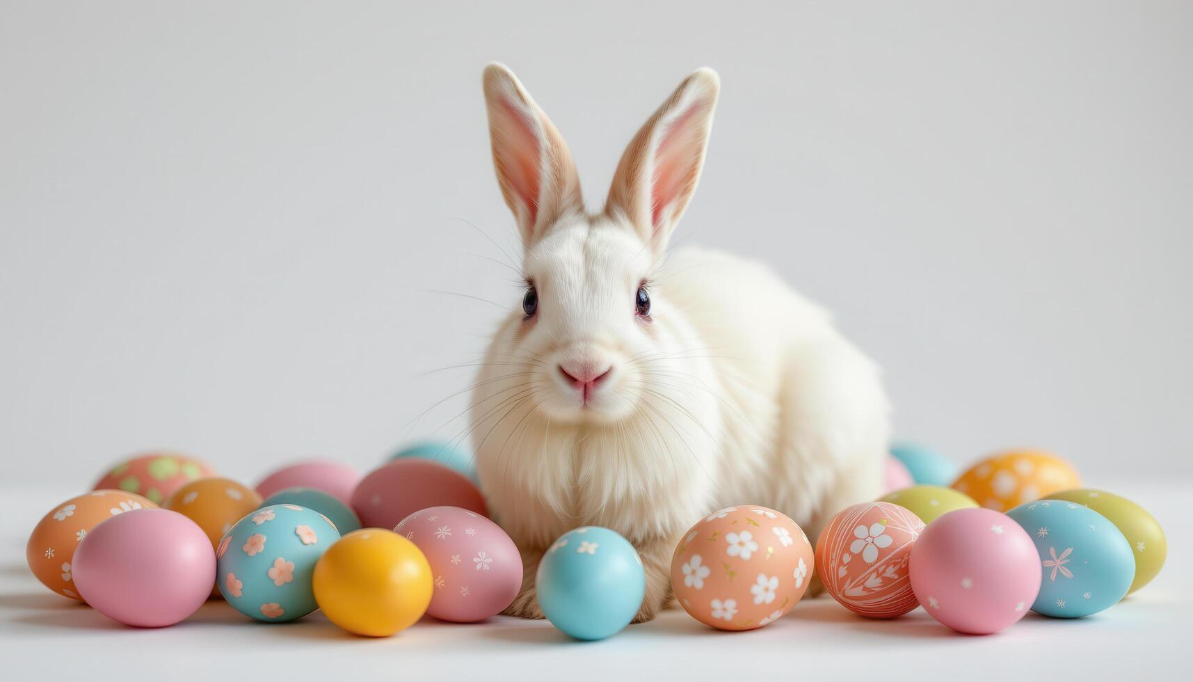 A white bunny surrounded by pastel colored Easter eggs, isolated on white background with space for text photo