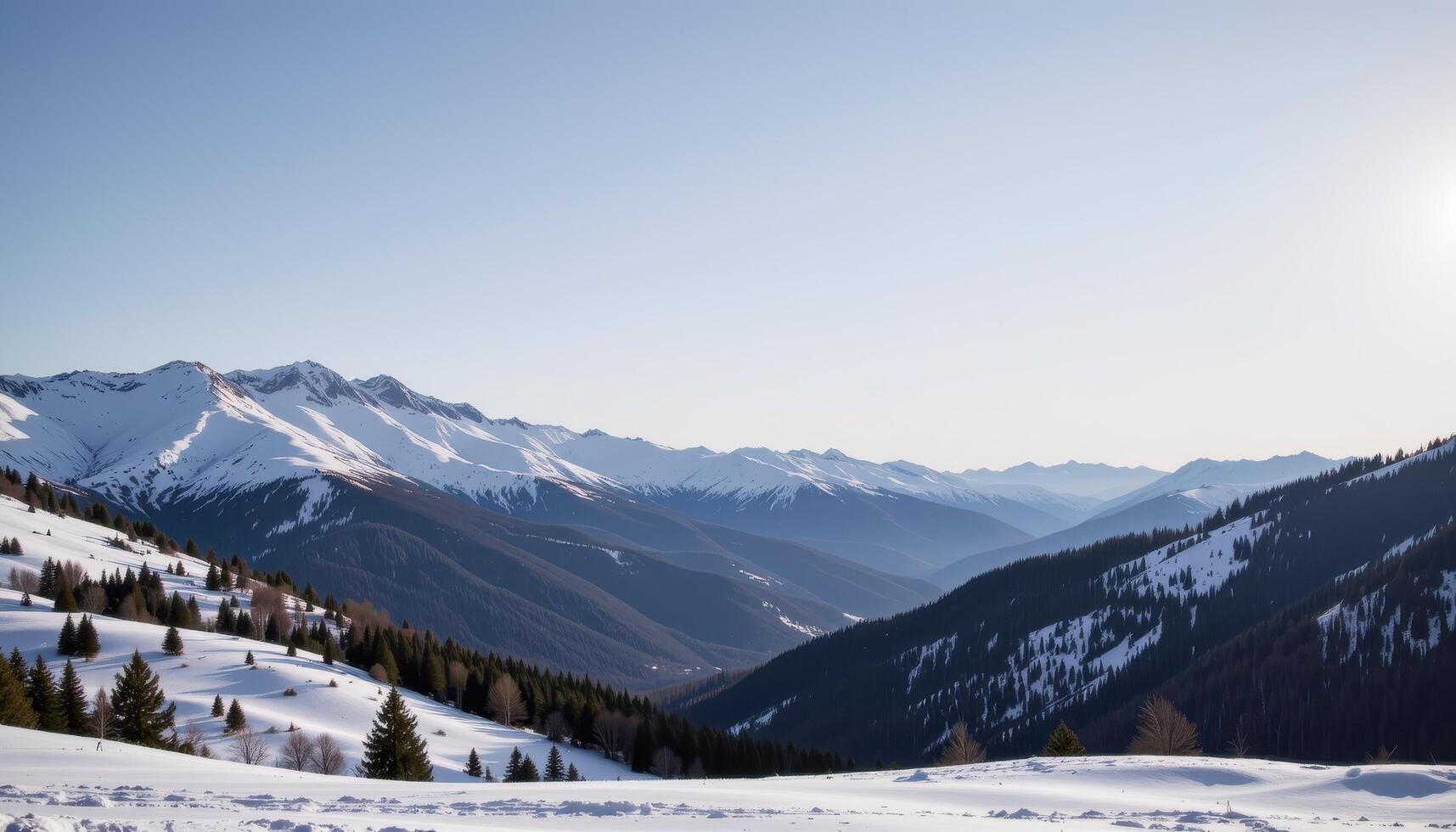 Snow covered mountain landscape with soft lighting, peaceful winter nature view photo