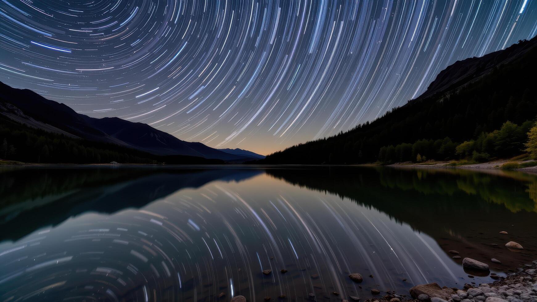 a long exposure shot of star trails over a quiet lake. photo