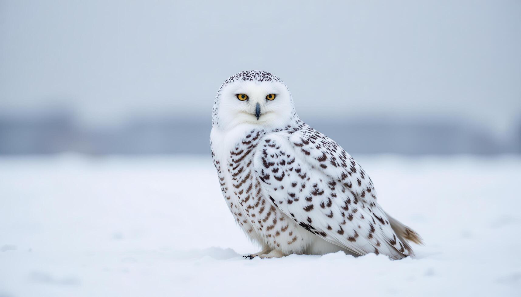 Snowy owl sitting calmly on white winter landscape, sharp feathers and cold background, wildlife photography photo