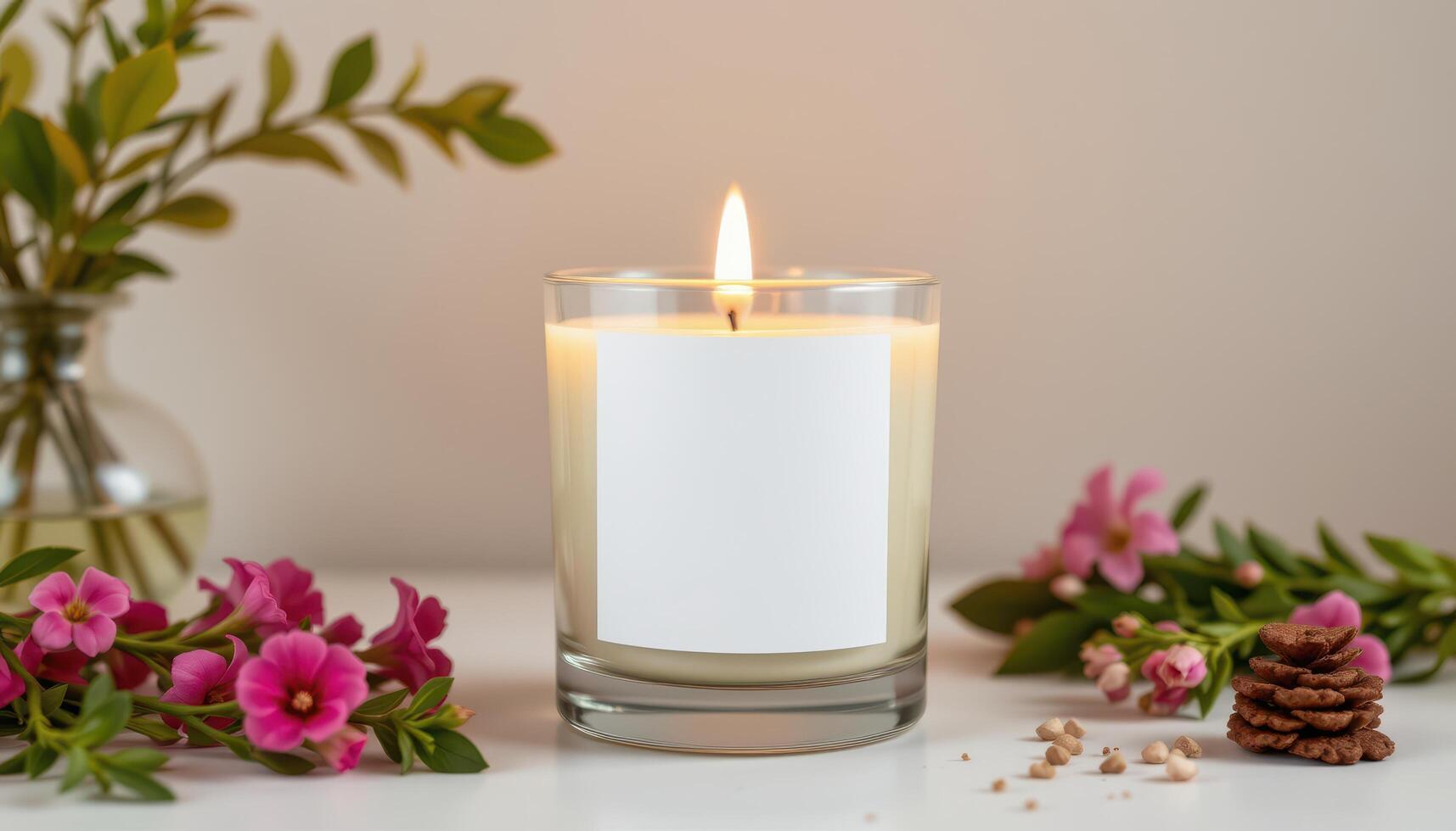 Minimalist burning candle mockup in a glass container with a blank white label, ideal for branding, aromatherapy photo