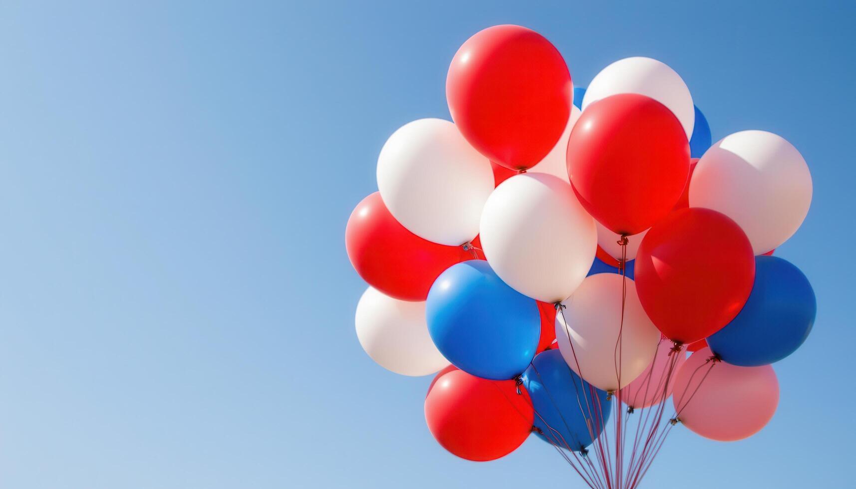 Vibrant bunch of red, white, and blue balloons floating against a clear sky, evoking festive celebrations and joyful events. photo
