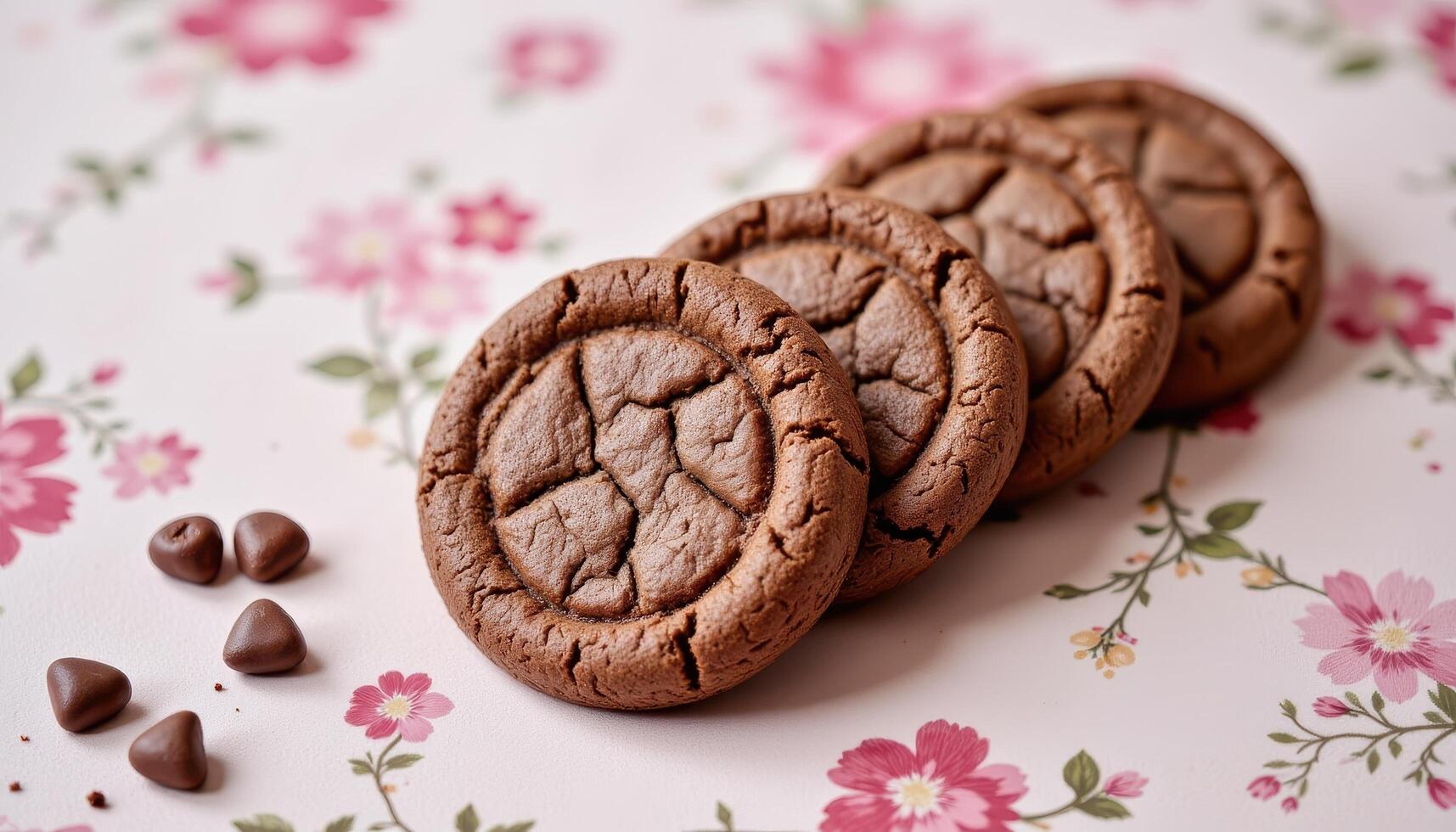 handmade chocolate homemade cookies, floral summer background. photo. photo
