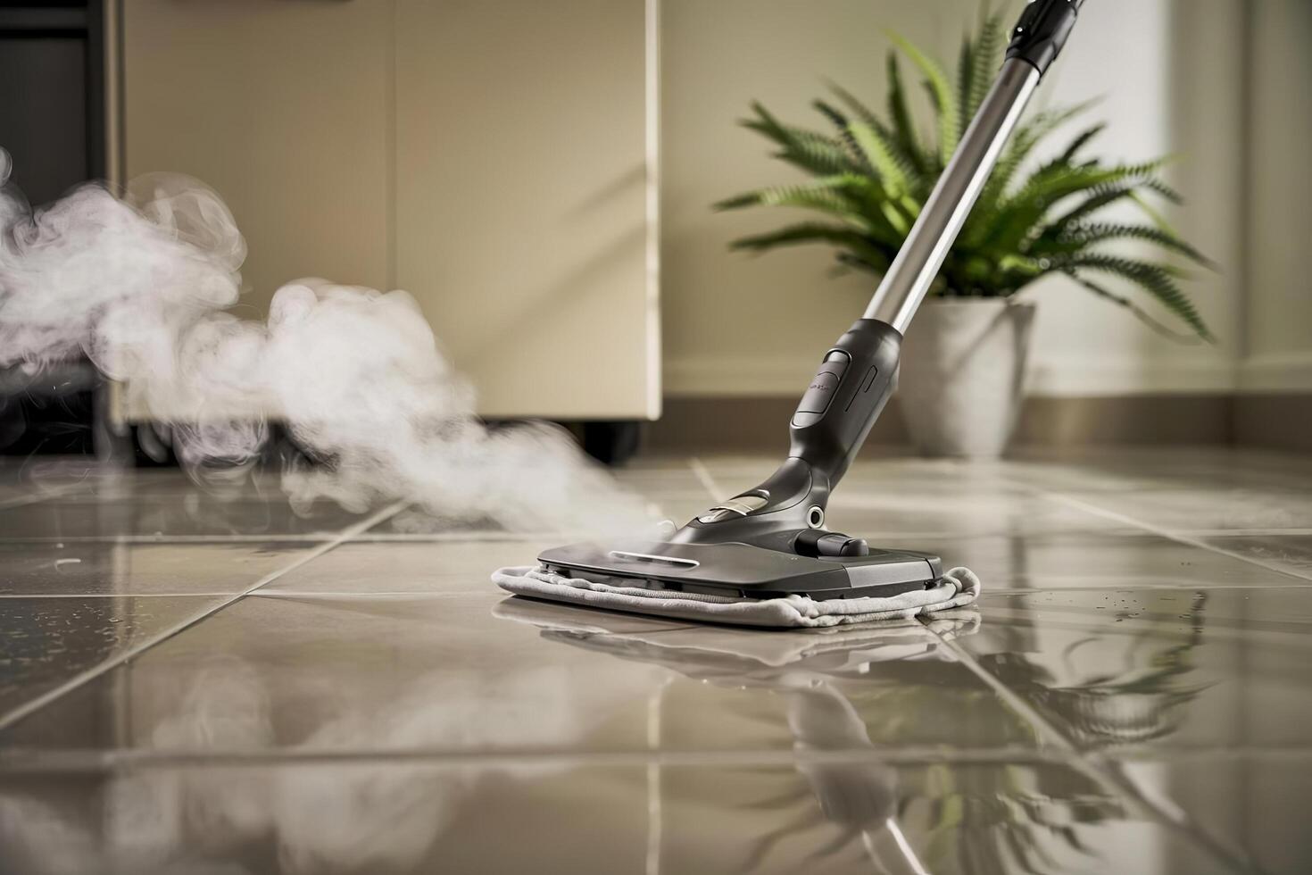 Close up of steam mop cleaning tile floor with steam visible and plant in the background indoors photo