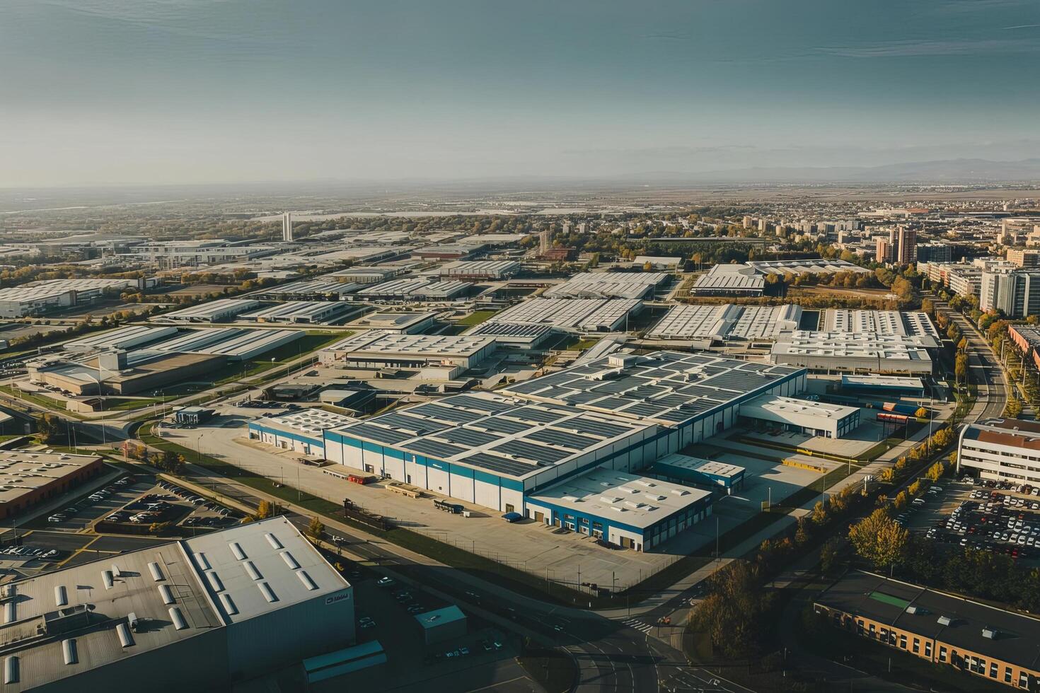 Aerial view of a large industrial complex with solar panels and surrounding urban environment photo