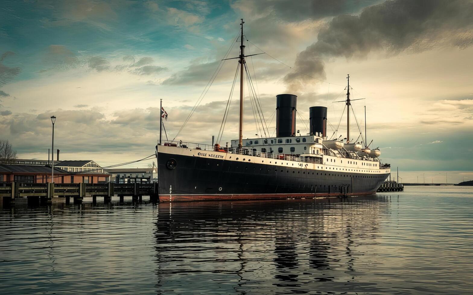 A vintage passenger ship docked at a pier under a cloudy sky reflecting in the calm water surface photo