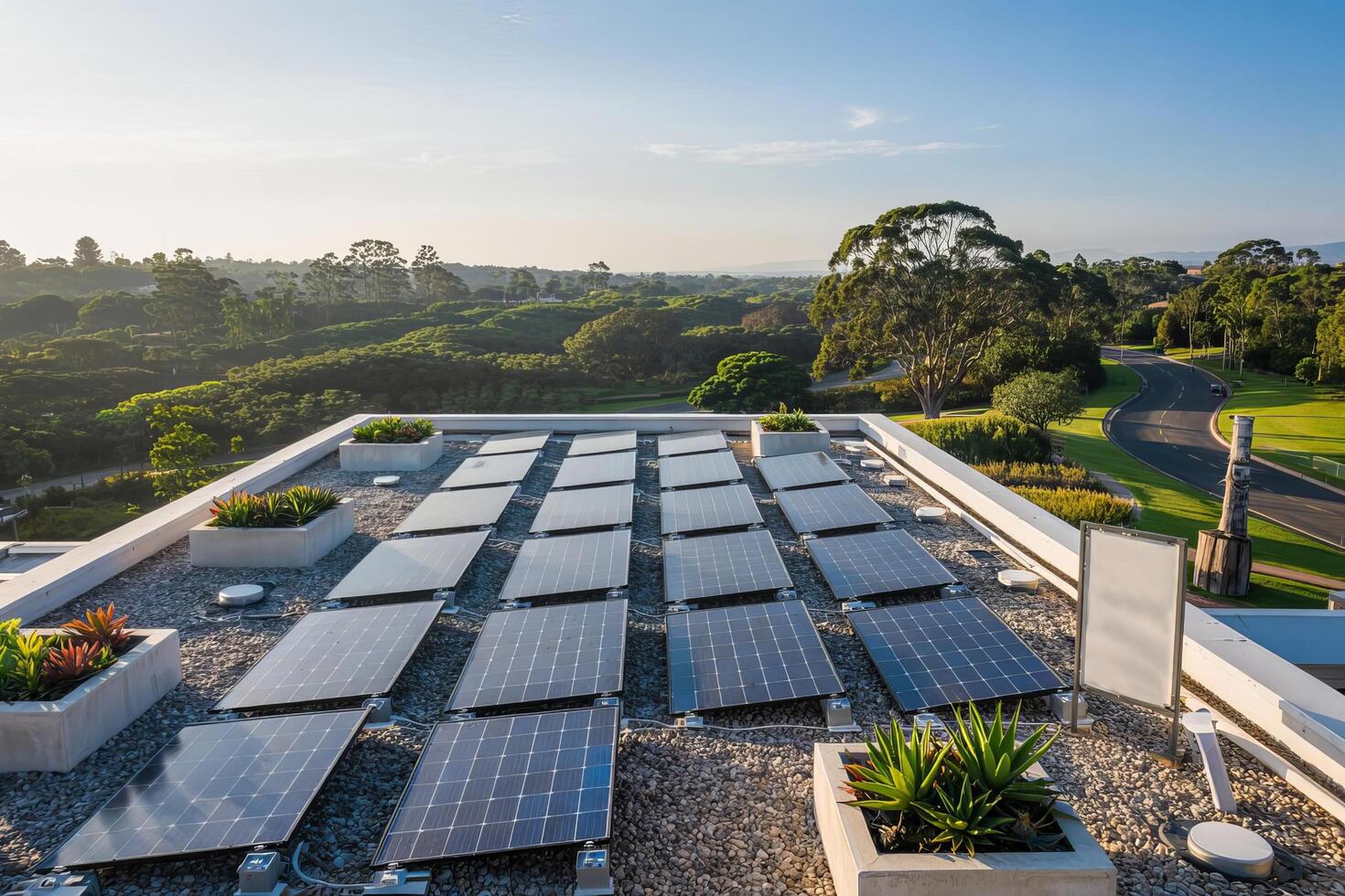 Aerial view of solar panels on a rooftop with plants and a scenic landscape in the background photo