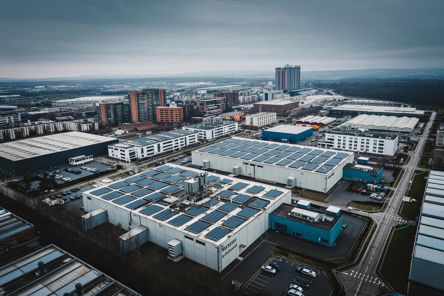 Aerial view of an industrial area with buildings, solar panels, and a cityscape under a cloudy sky photo