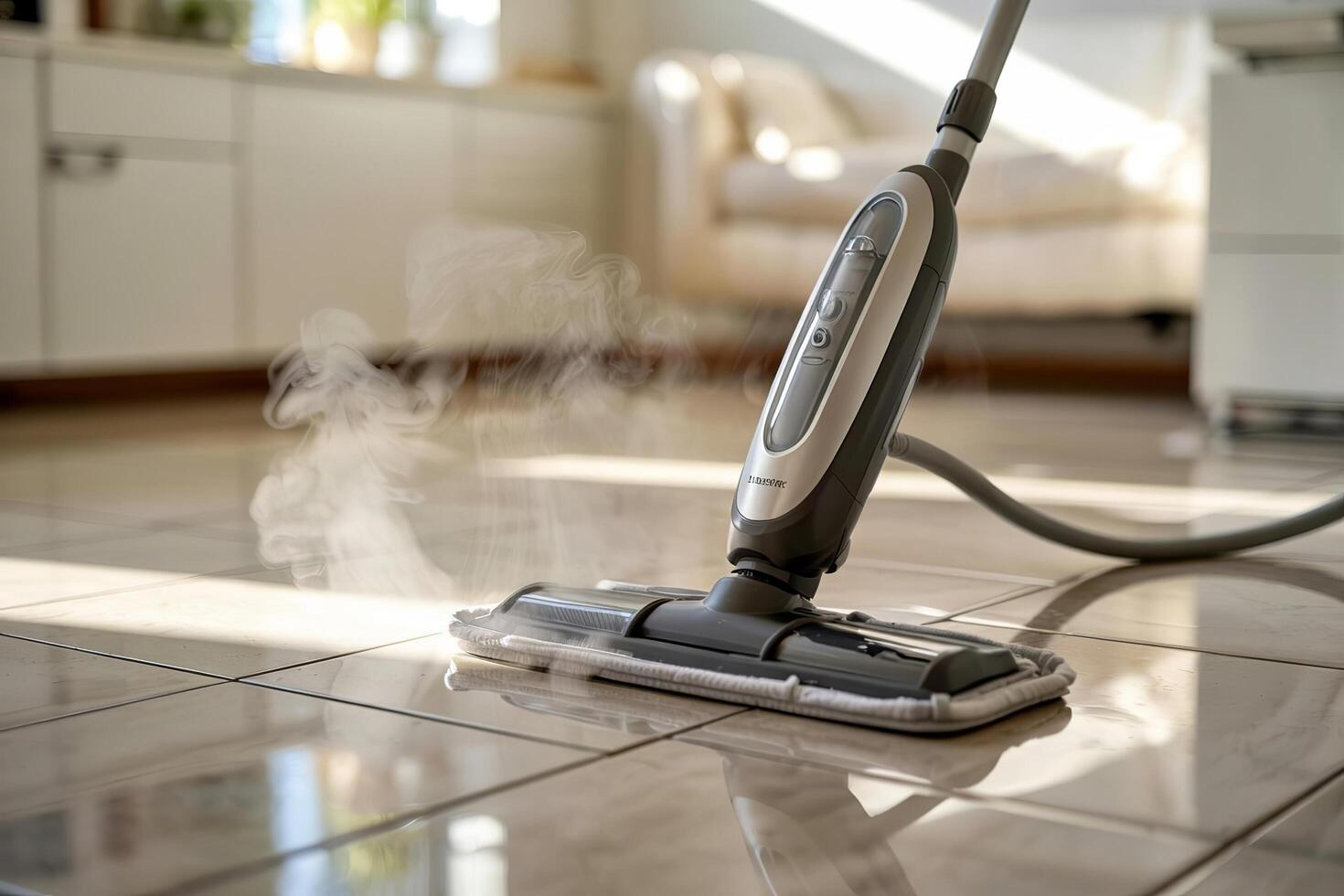 Close up of a steam mop cleaning tile floors in a bright room with furniture in the background photo