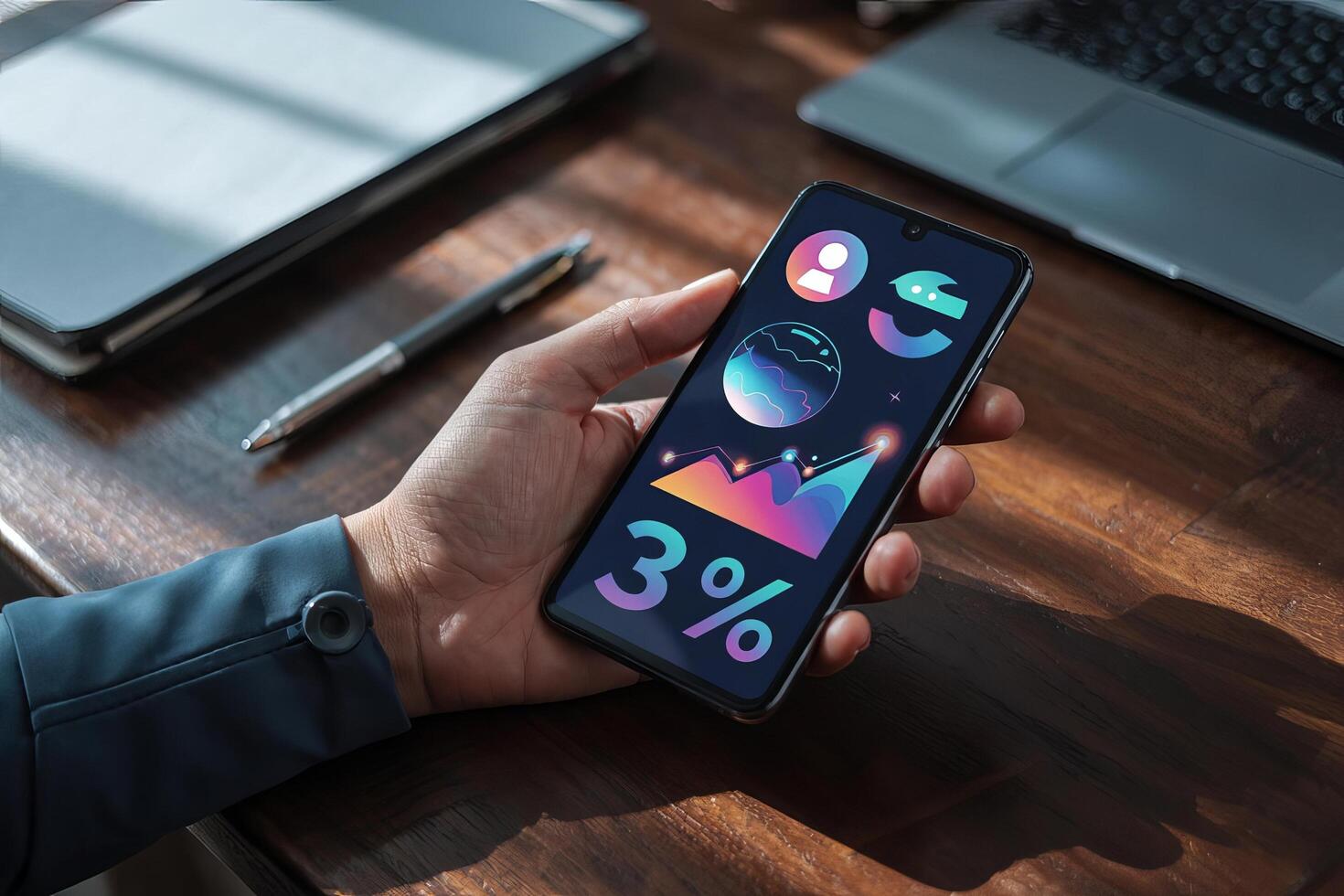 A hand holding a smartphone displaying colorful graphs and the number three percent on the screen photo
