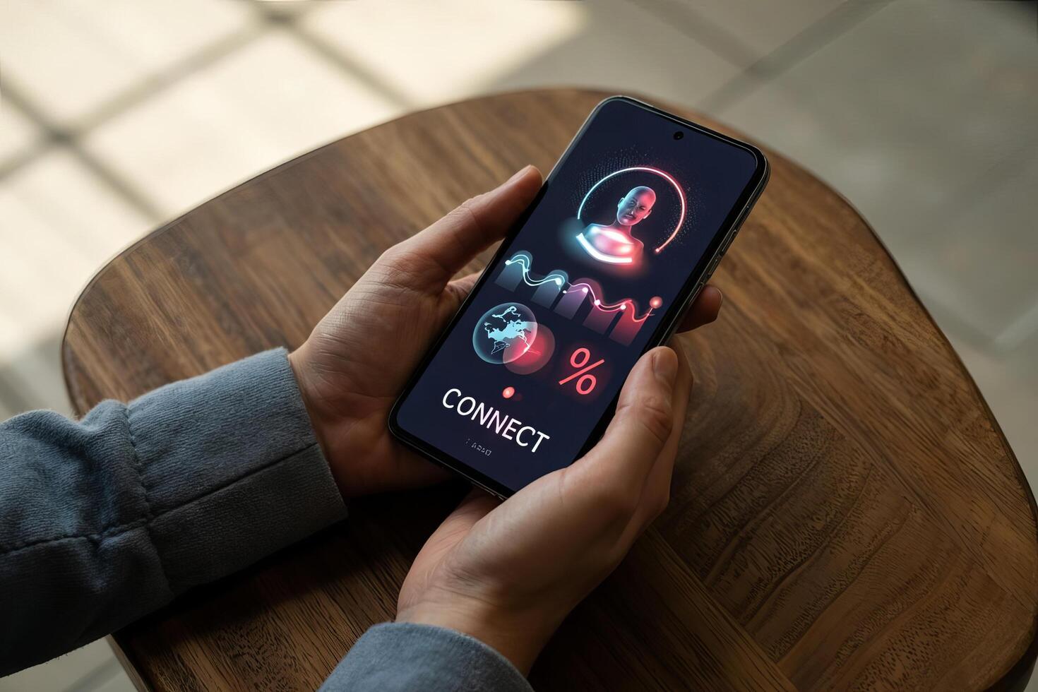 Person holding a smartphone displaying a connect interface on a wooden surface indoors view photo