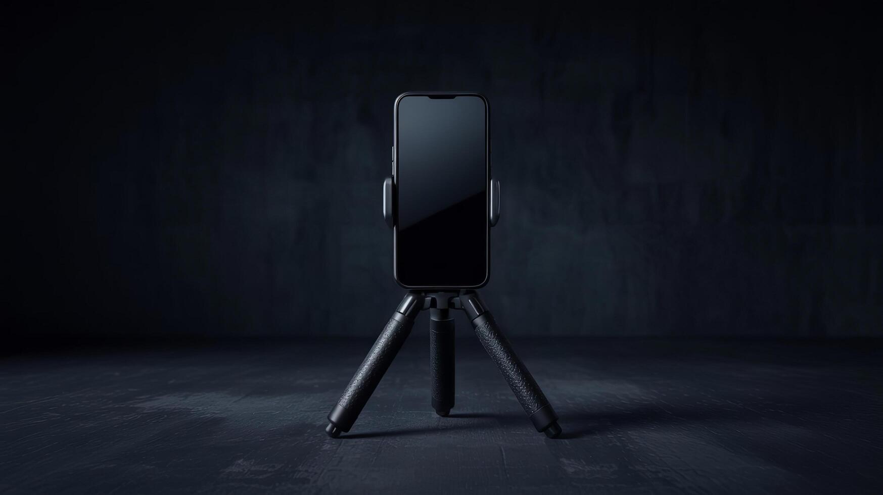 A minimalistic shot of a smartphone mounted on a small tripod against a dark background setting photo