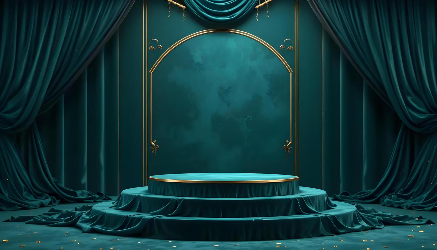 Elegant Teal Velvet Stage Podium with Golden Accents for Product Display photo