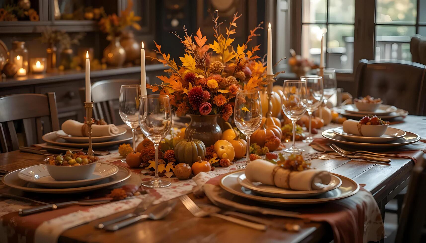 Thanksgiving Dinner Table Setting with Autumnal Decor and Festive Atmosphere photo