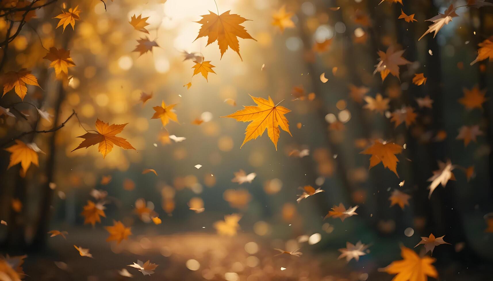 Falling maple leaves in an autumn forest with sunlight shining through photo
