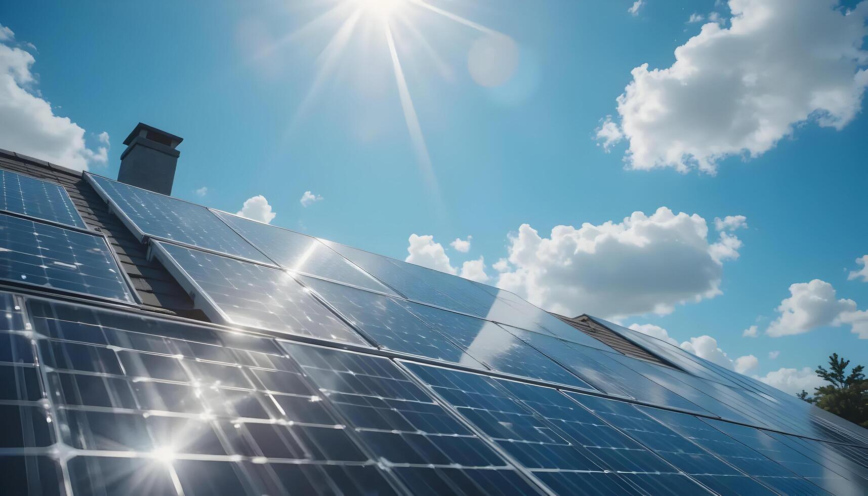 Solar Panels on Rooftop Gleaming in Sun Against Blue Cloudy Sky photo
