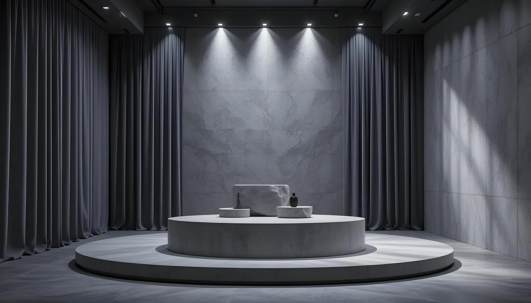 Product Display on Round Stage with Gray Textured Background and Curtains photo