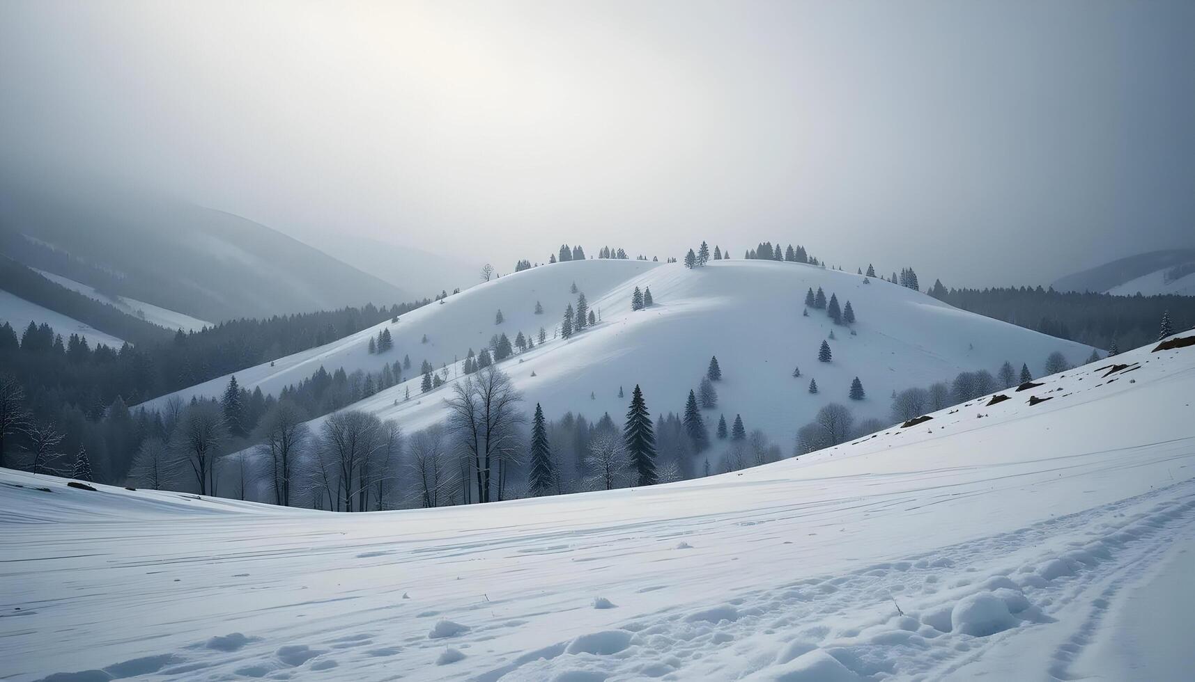 Winter Landscape Snowy Hills with Forest and Tire Tracks photo