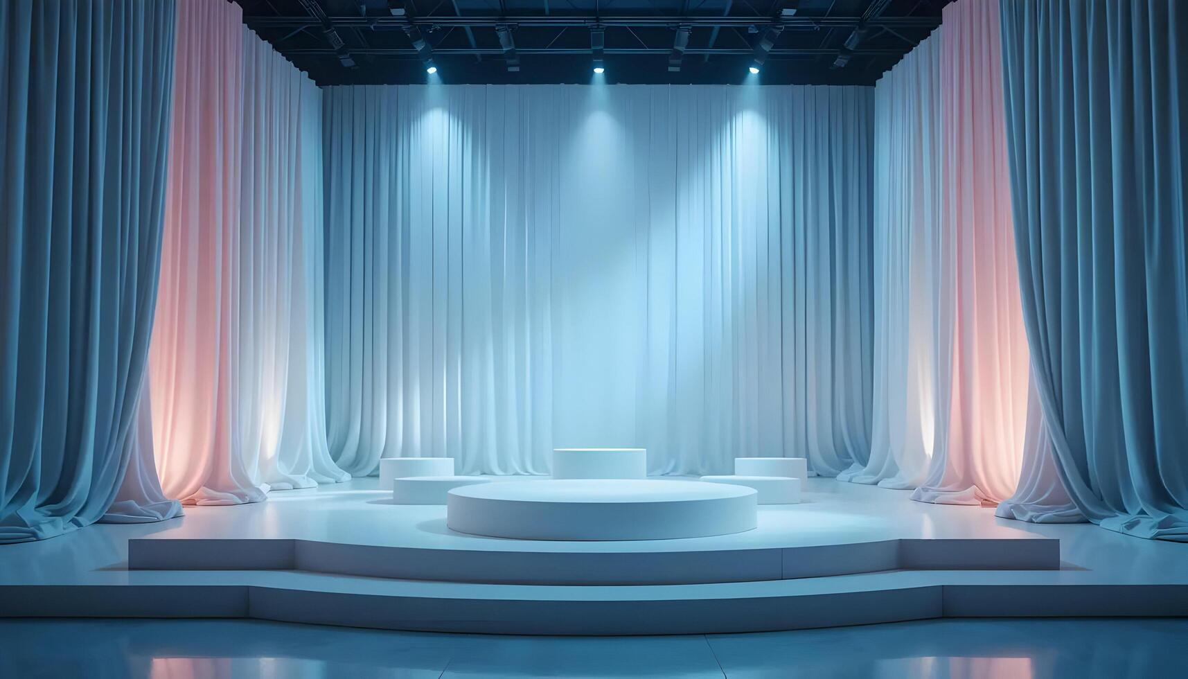 Empty Stage Setup with Round Platforms and Curtain Backdrop photo
