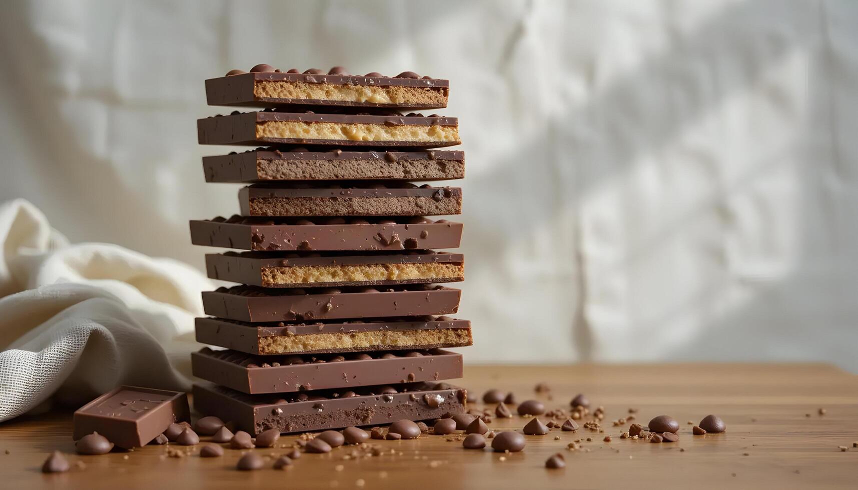 Stacked Chocolate Bars with Chips and Filling on Wooden Table photo