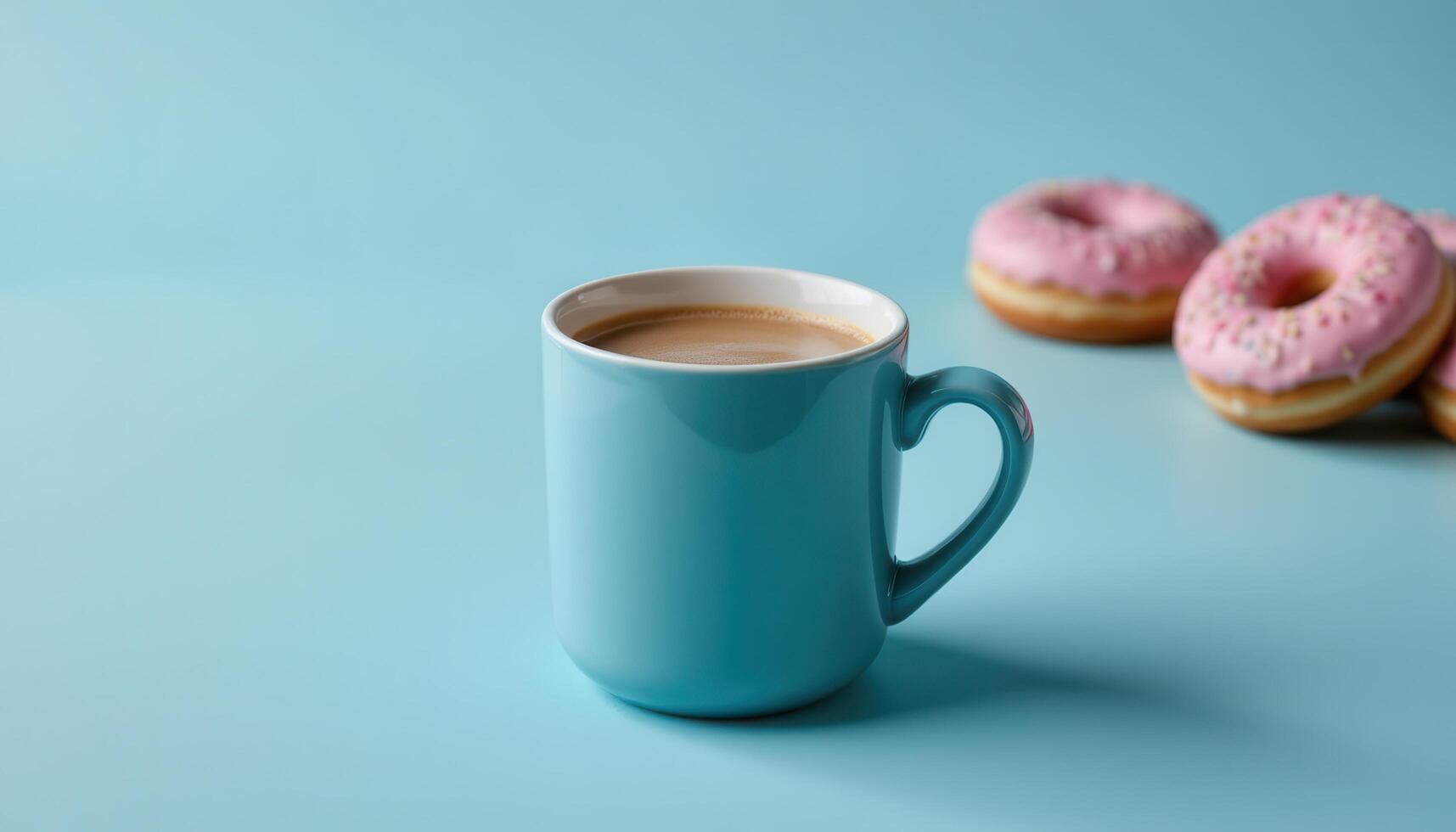 Coffee or cocoa in a blue mug on a blue background with donuts, space for text. photo. photo