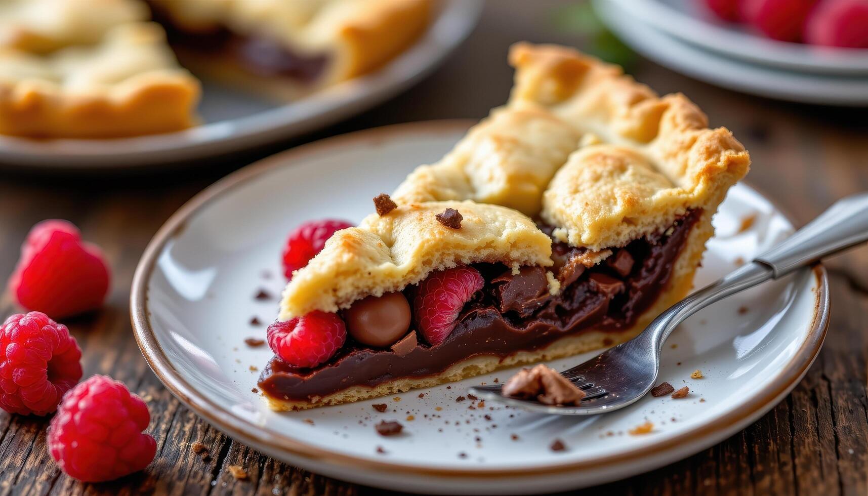 Sweet pie slice with raspberry and chocolate, rustic dessert indulgence photo