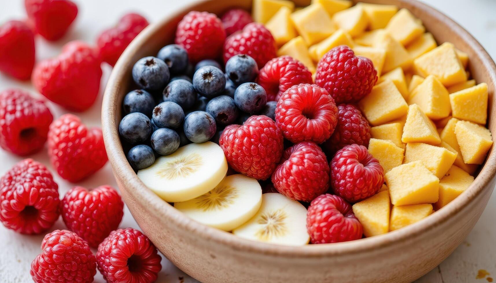 colorful fruit bowl, sweet juicy freshness, mixed berries, summer vibes, healthy organic lifestyle photo