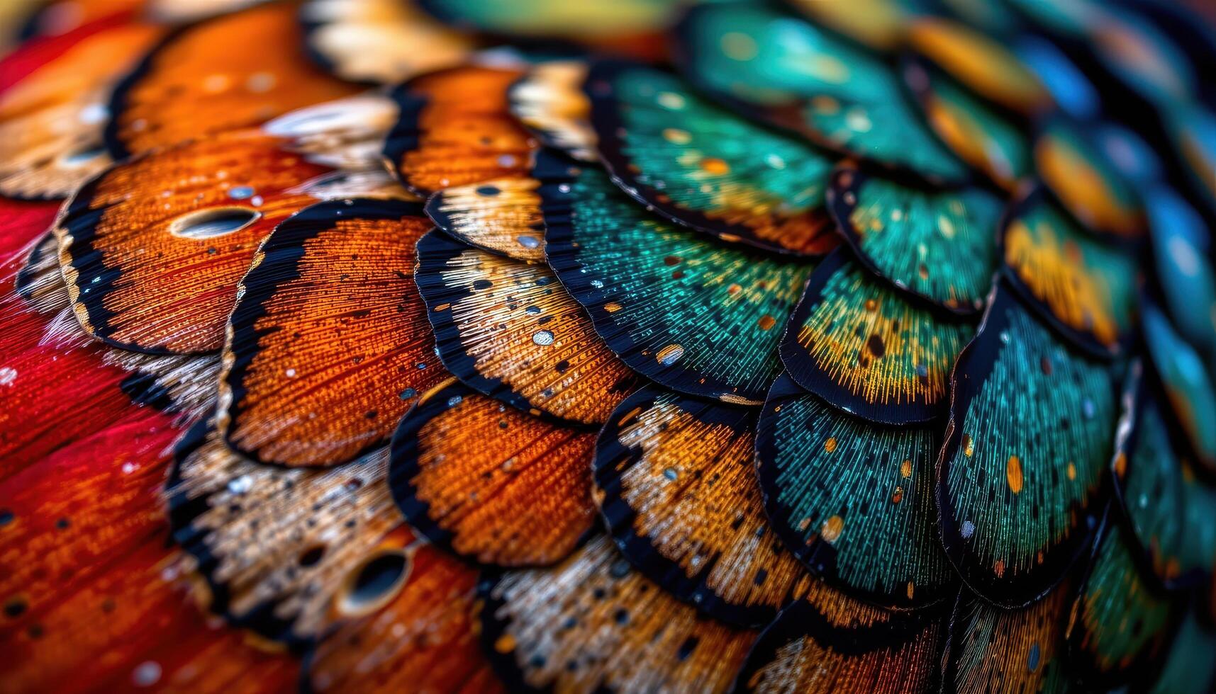 close up abstract texture of colorful ring necked pheasant feathers, intricate natural patterns and vivid tones photo