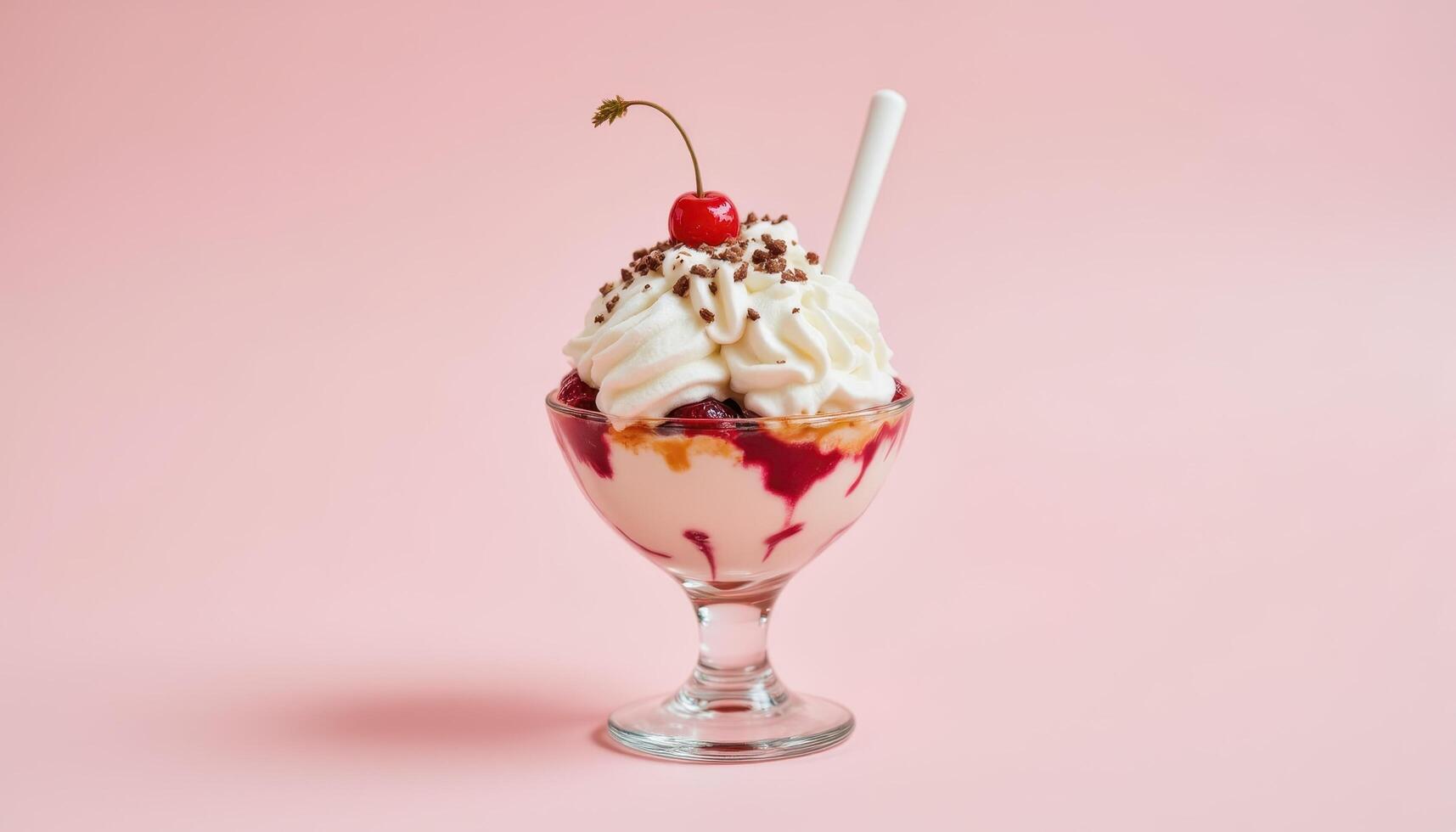 Homemade ice cream sundae with whipped cream and toppings, indulgent sweet summer dessert on clean background photo