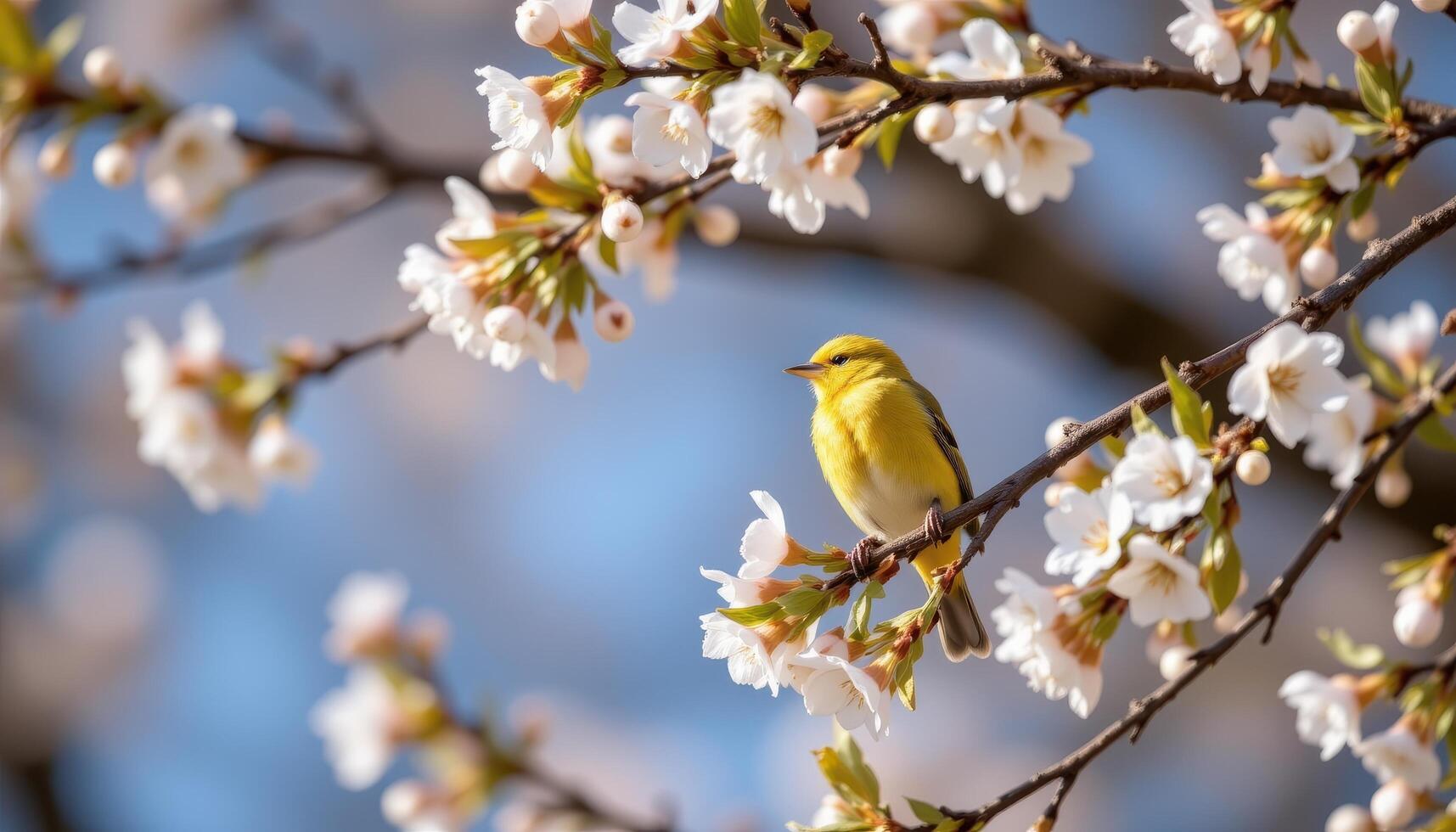 A bright yellow bird perched delicately on blooming Sakura tree, captured in soft spring sunlight with nature's gentle background photo