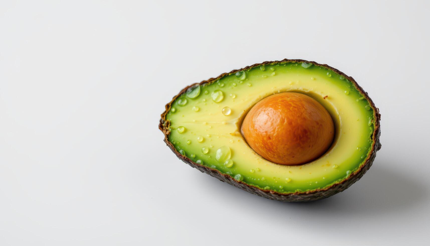 Close up of ripe avocado with sparkling water droplets, resting on clean white background photo