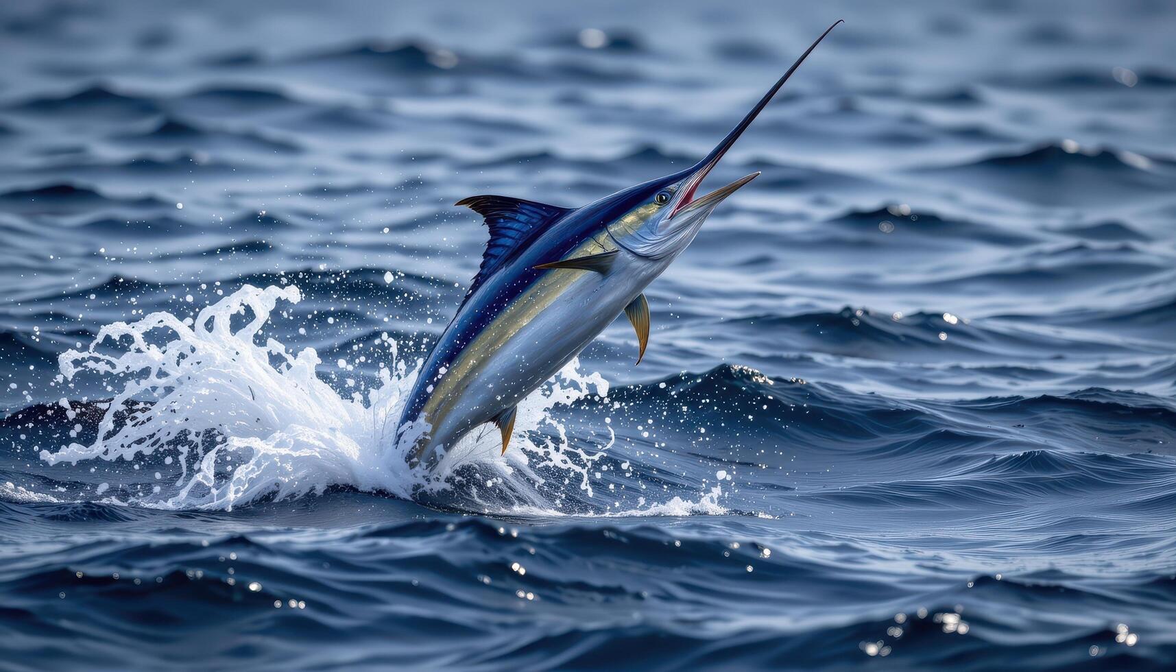 Portrait of blue marlin leaping over deep sea water, caught mid air with splash and open ocean backdrop photo