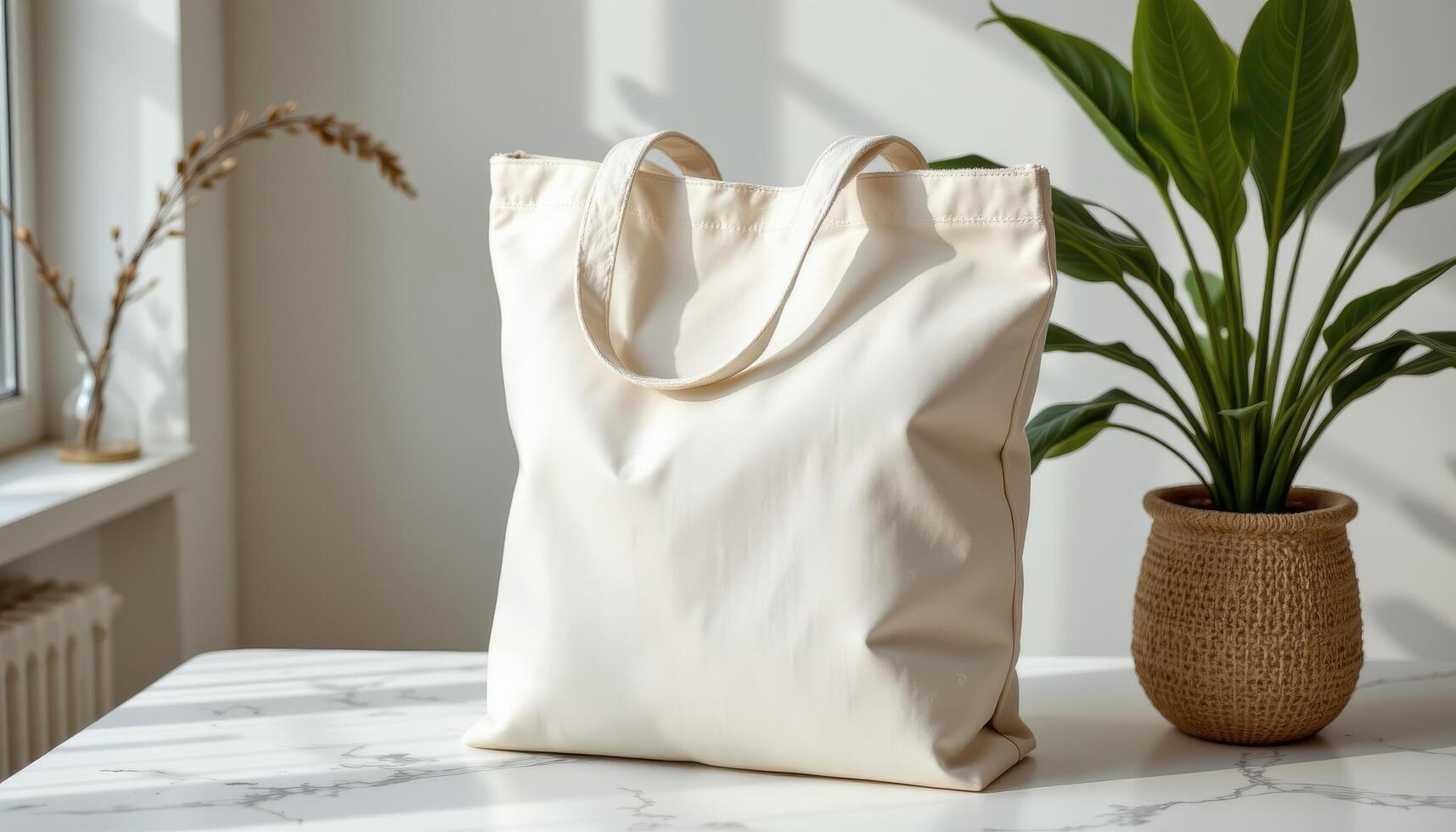 Blank canvas tote bag mockup resting elegantly on a table next to a decorative plant photo