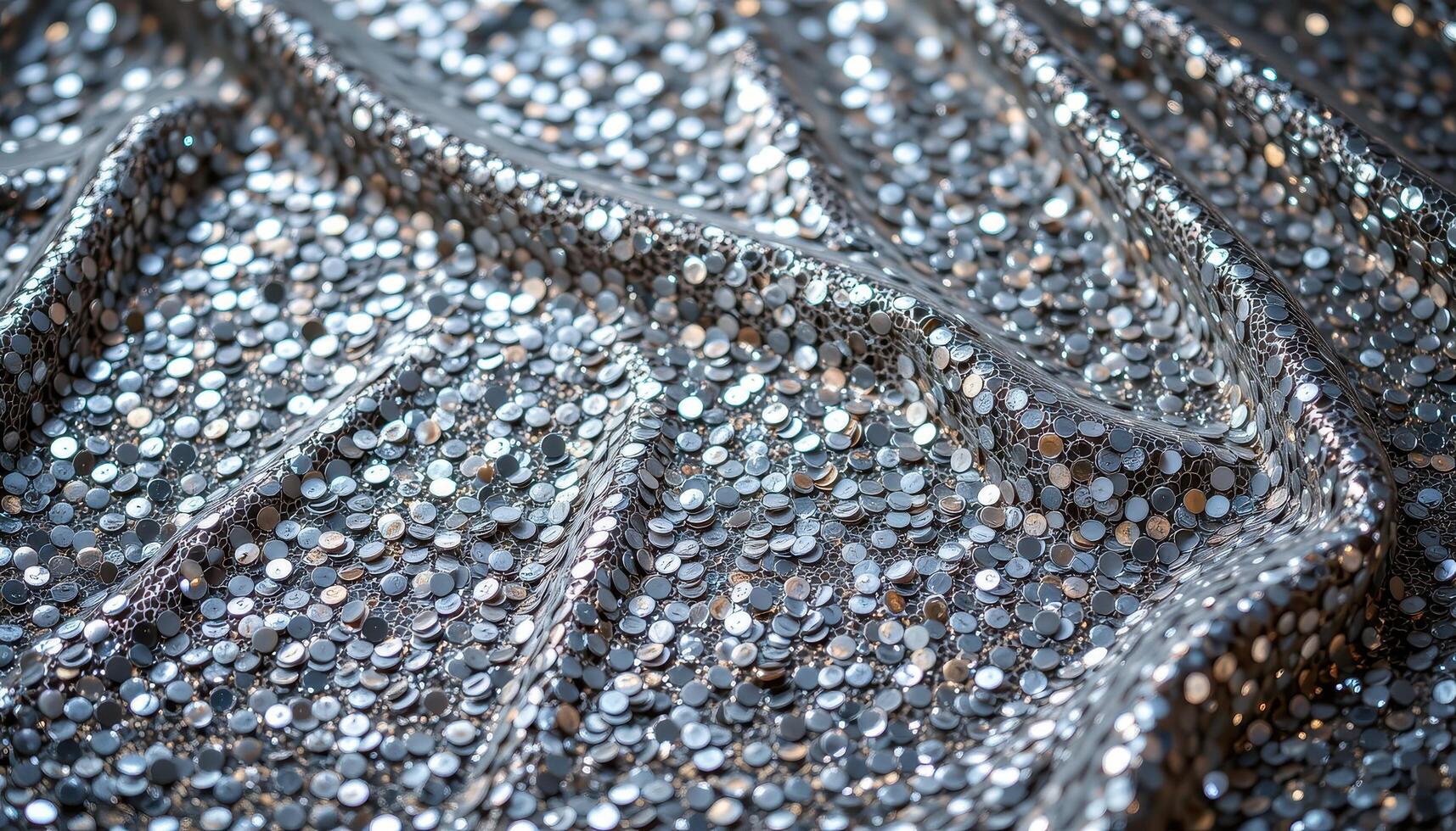 Sparkling fabric surface covered in silver sequins, light reflecting to create a luxurious textured backdrop, created with photo. photo