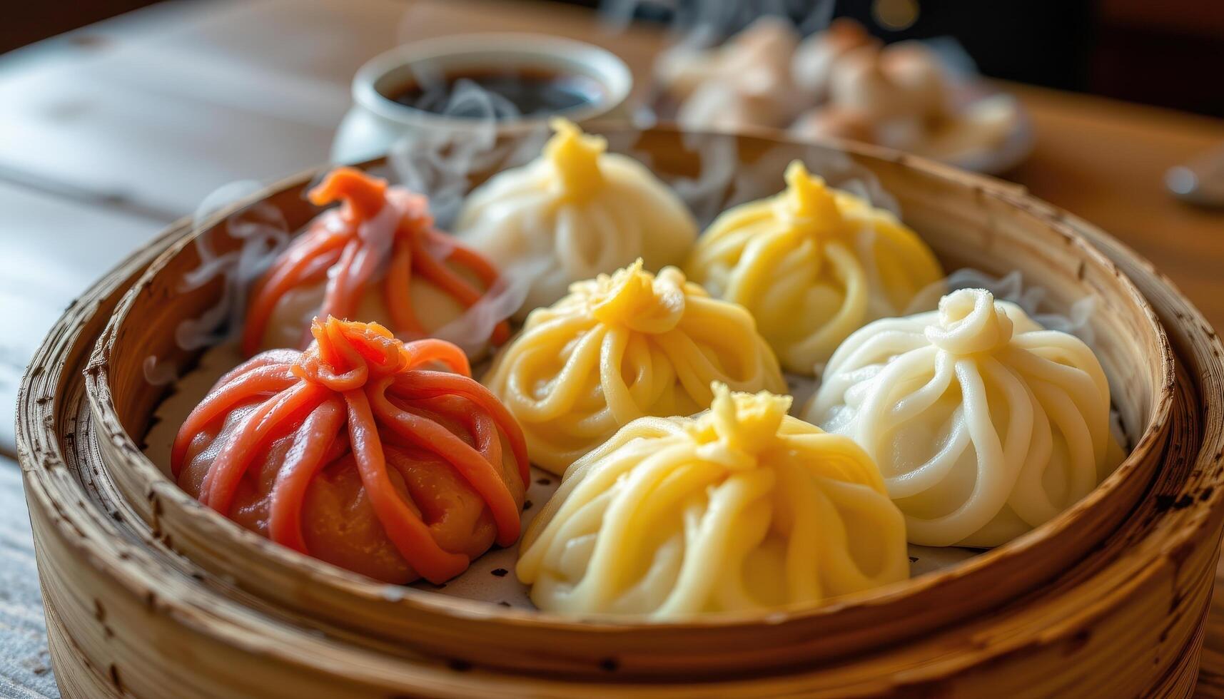 Close up of aromatic steam rising from colorful dim sum inside a traditional bamboo steamer photo