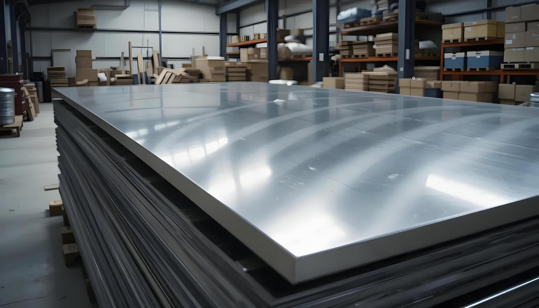 Stack of Shiny Metal Sheets in Warehouse for Industrial Use photo