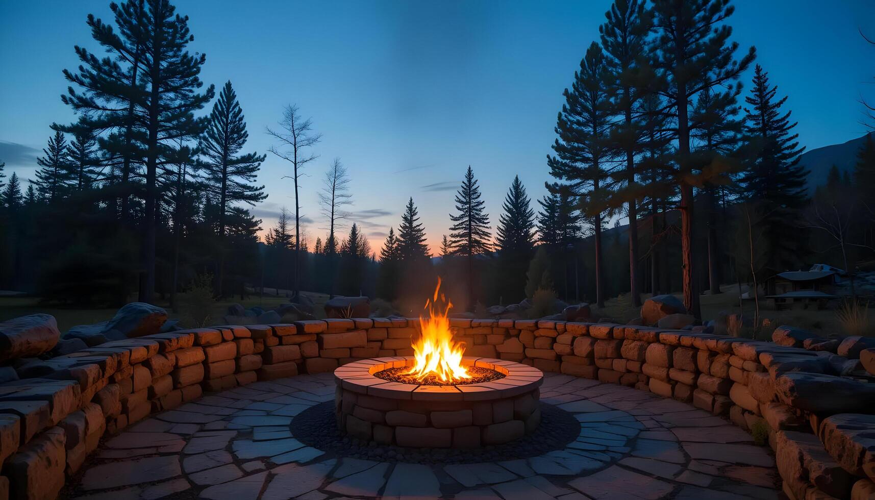Outdoor Fire Pit Burning at Dusk Surrounded by Pine Trees photo