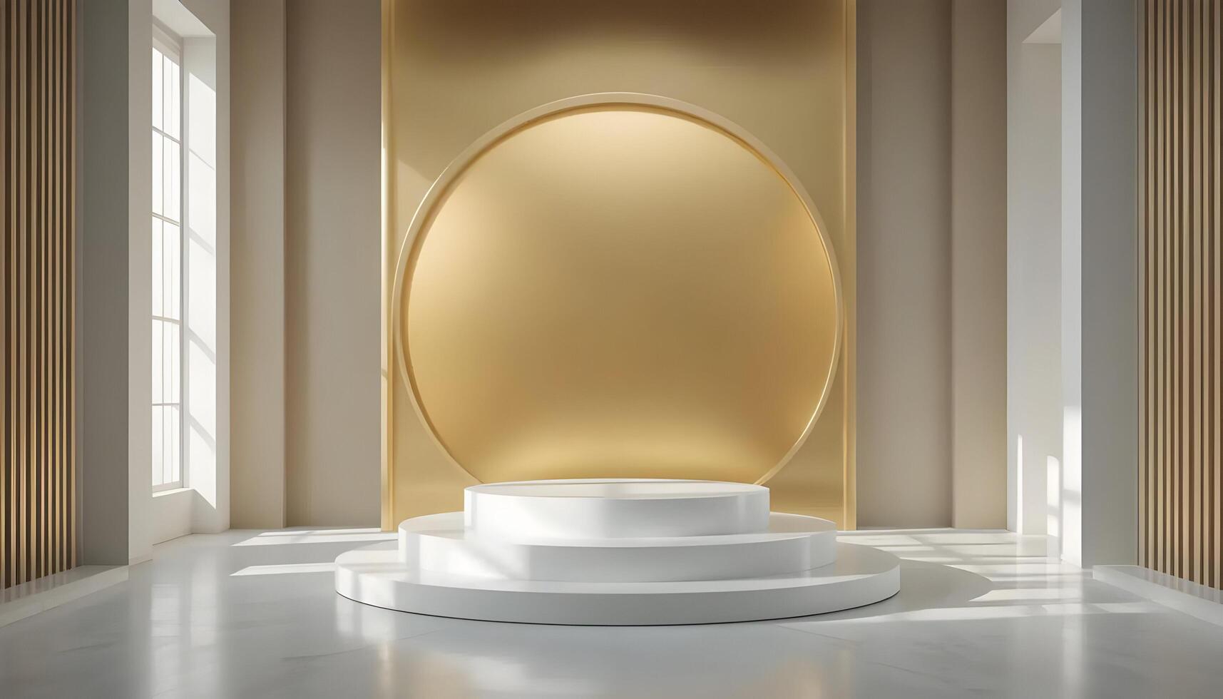 Elegant White Pedestal in Bright Room with Golden Circle Backdrop photo
