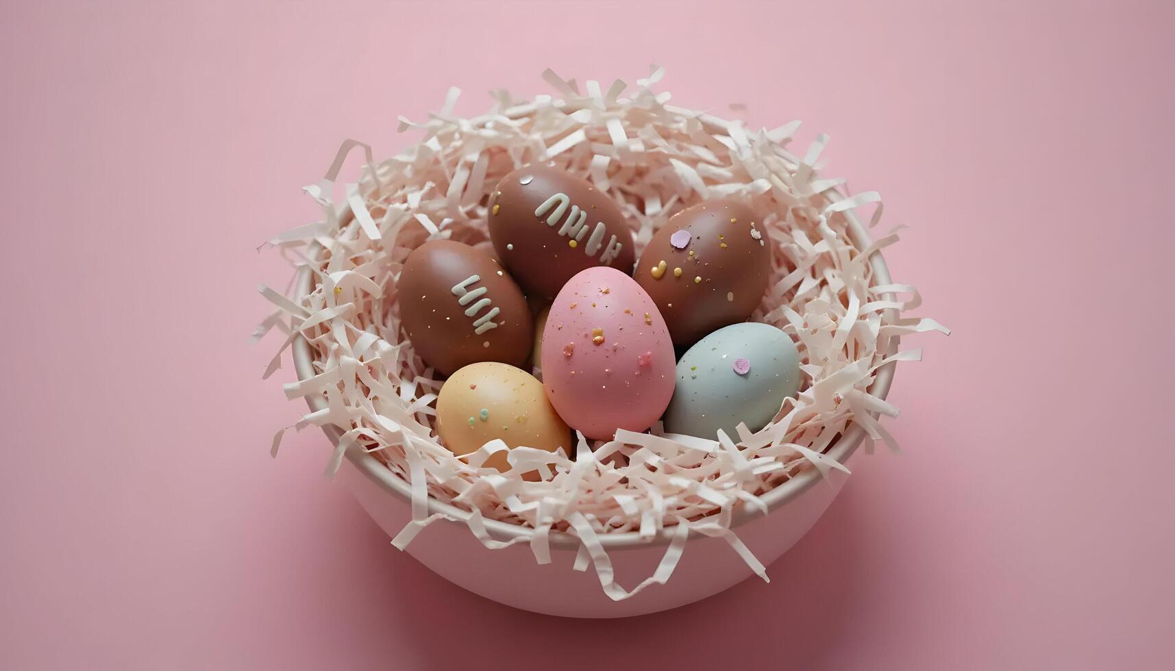 Colorful Decorated Eggs in Bowl with Paper Nest on Pink Background photo