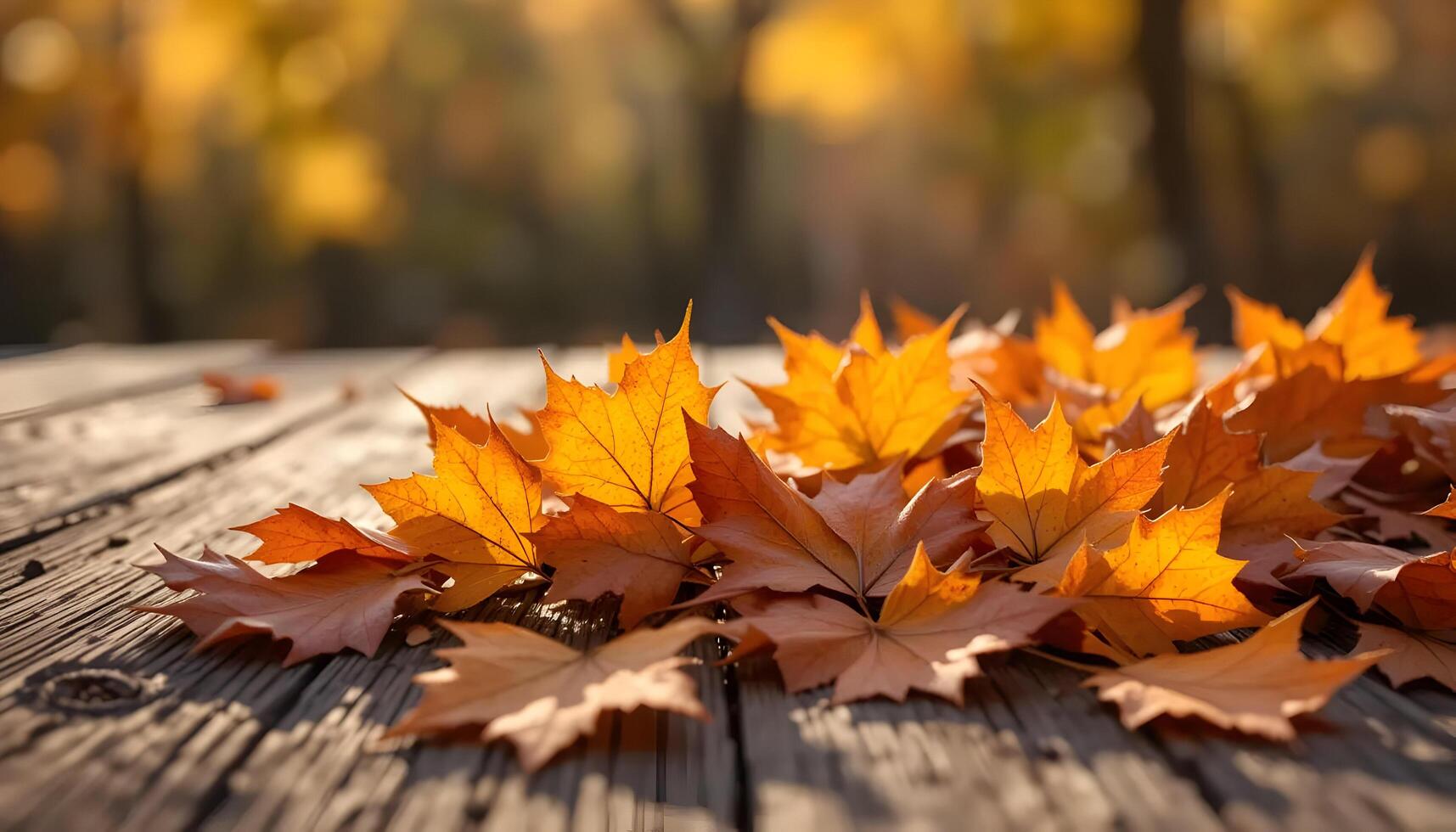Maple Leaves Fallen on Wooden Table in Autumn Sunlight Scene photo