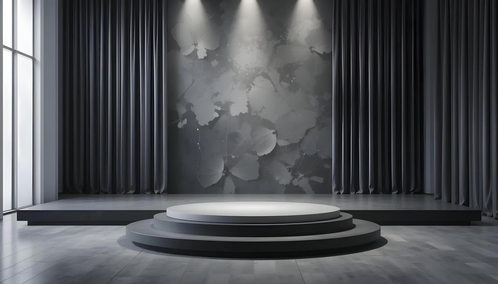Minimalist Stage Setup with Concrete Backdrop and Gray Drapes photo