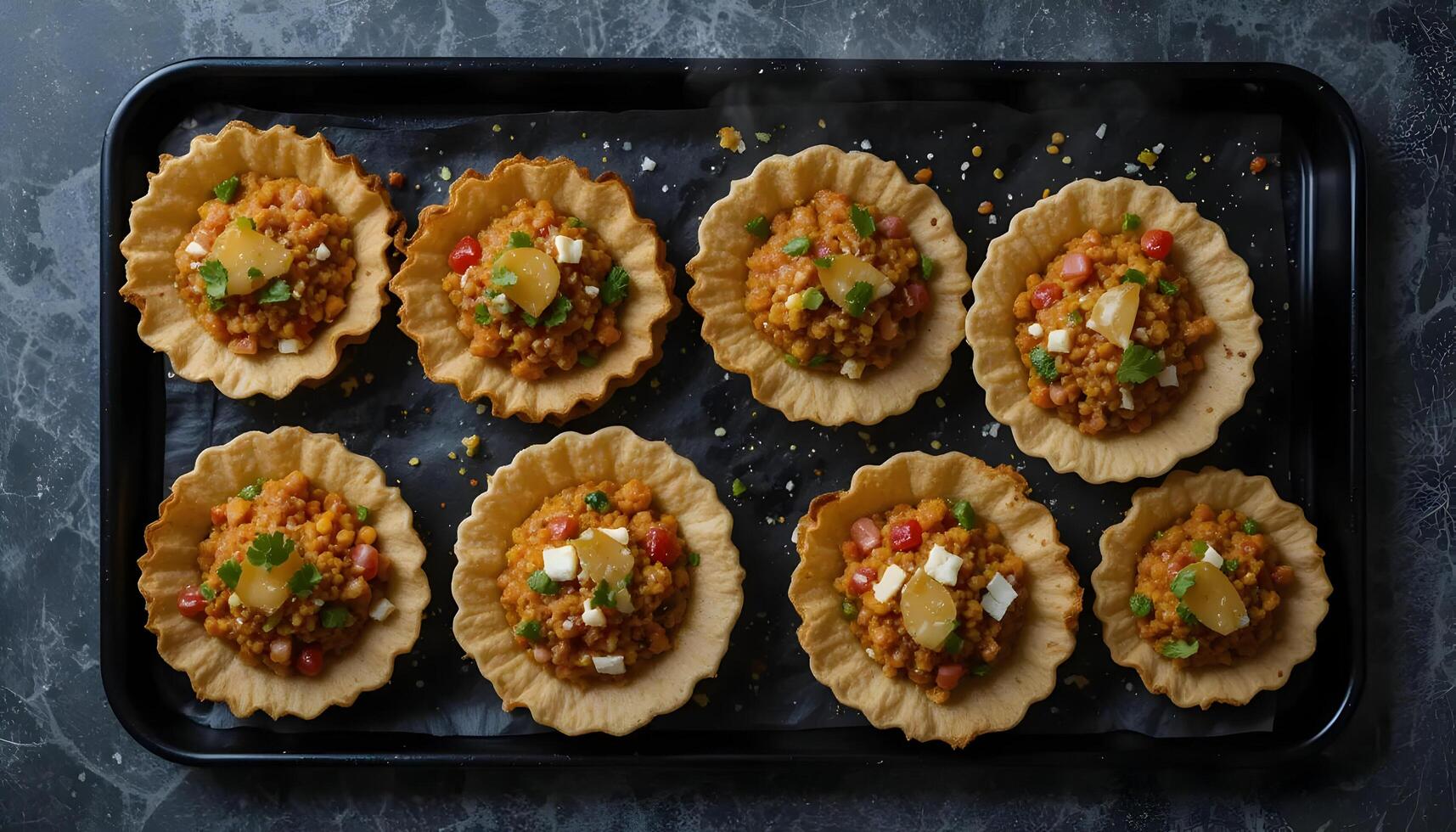 Preparing Savory Tartlets on Baking Sheet for Serving photo
